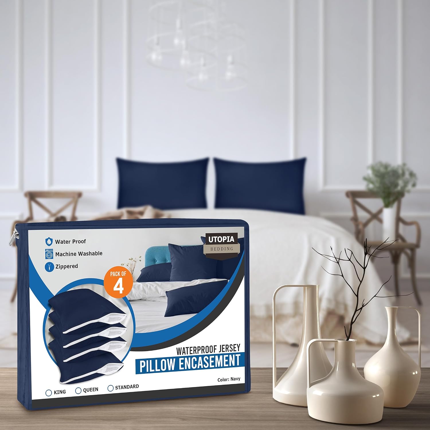 Utopiabedding Utopia Bedding 100% Waterproof Pillow Protectors with Zipper Standard Size (Set of 4), Bed Bug and Dust Mite Proof Zippered P…