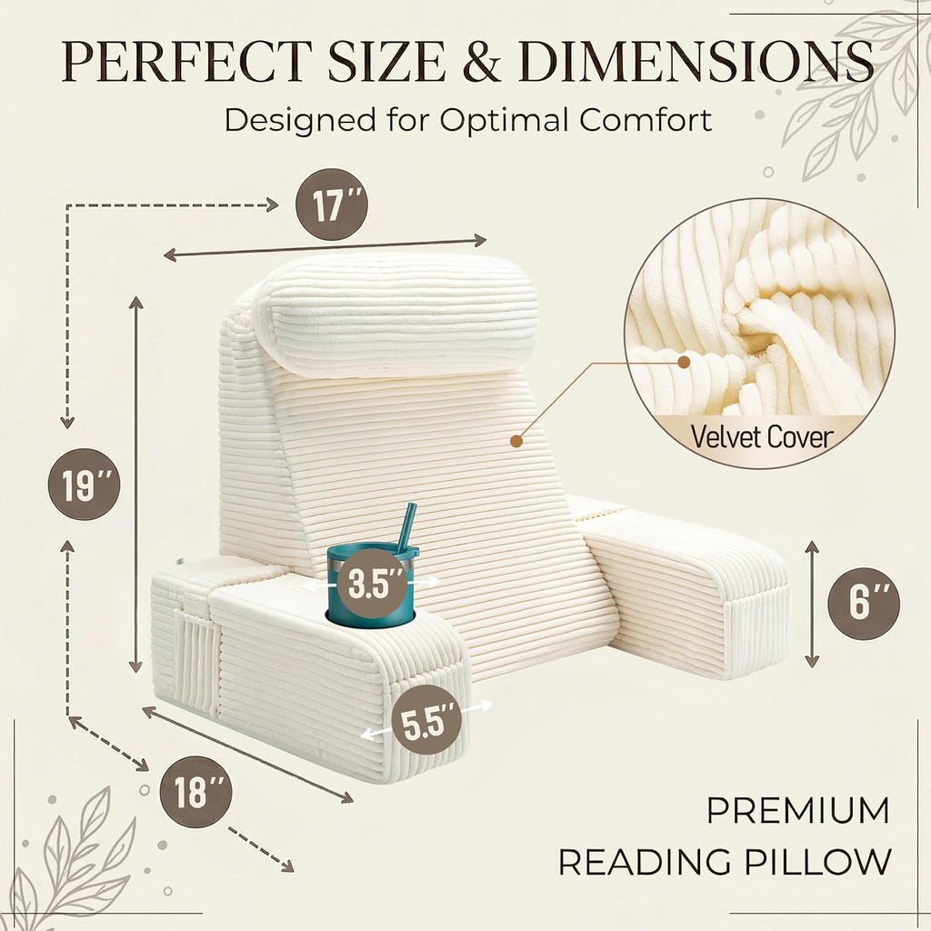 Asawesling Reading Pillow for Adults, Back Pillow for Bed Sitting Up, Backrest Pillow for Sitting in Bed, Detachable Arms with Built-in Cup…