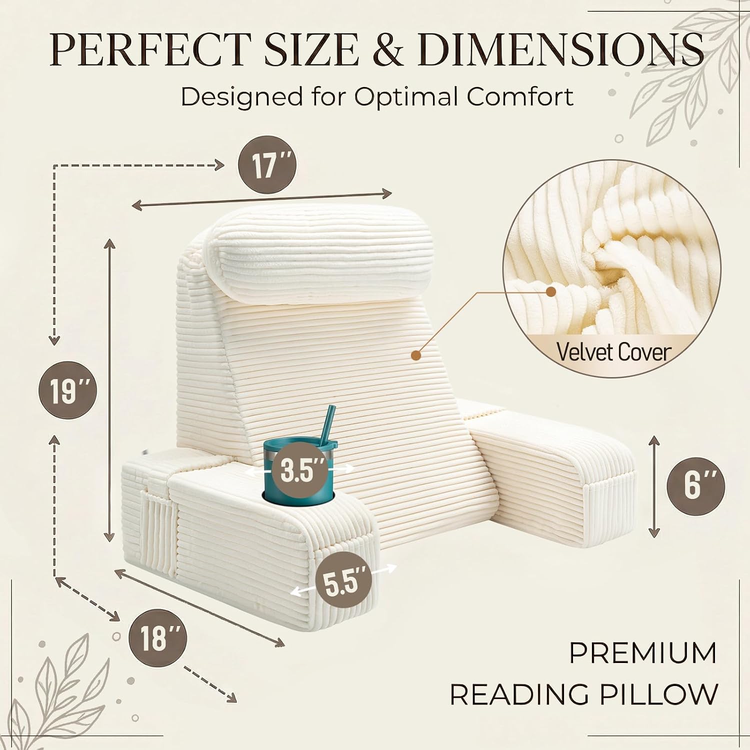 Asawesling Reading Pillow for Adults, Back Pillow for Bed Sitting Up, Backrest Pillow for Sitting in Bed, Detachable Arms with Built-in Cup…