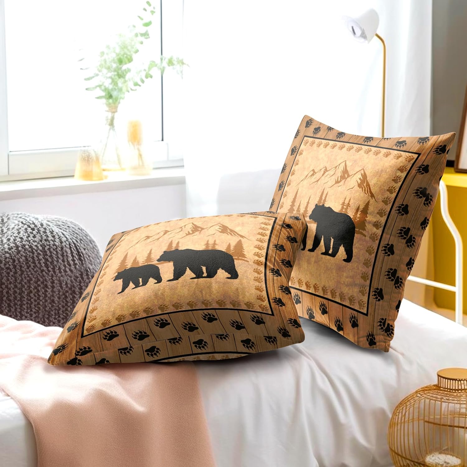 Bear Throw Pillow Covers 18x18 Inch Set of 2 Retro Brown Mountain Decorative Pillowcase Rustic Cabin Bear Hunting Animal Paw Prints…
