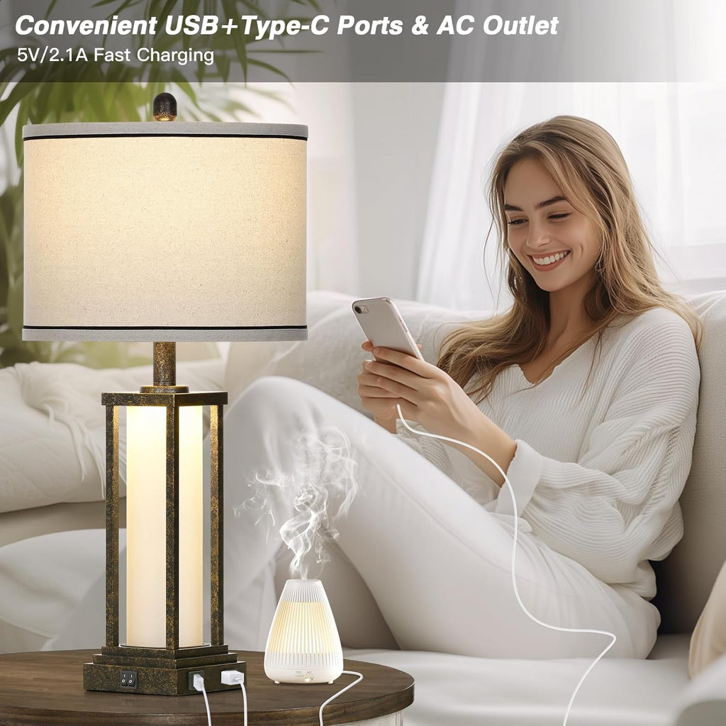Cinkeda 27" Tall Vintage Table Lamp with USB C+A & Outlet, Bronze Industrial End Table Lamp for Living Room, Farmhouse Rustic Bedside Lamp…