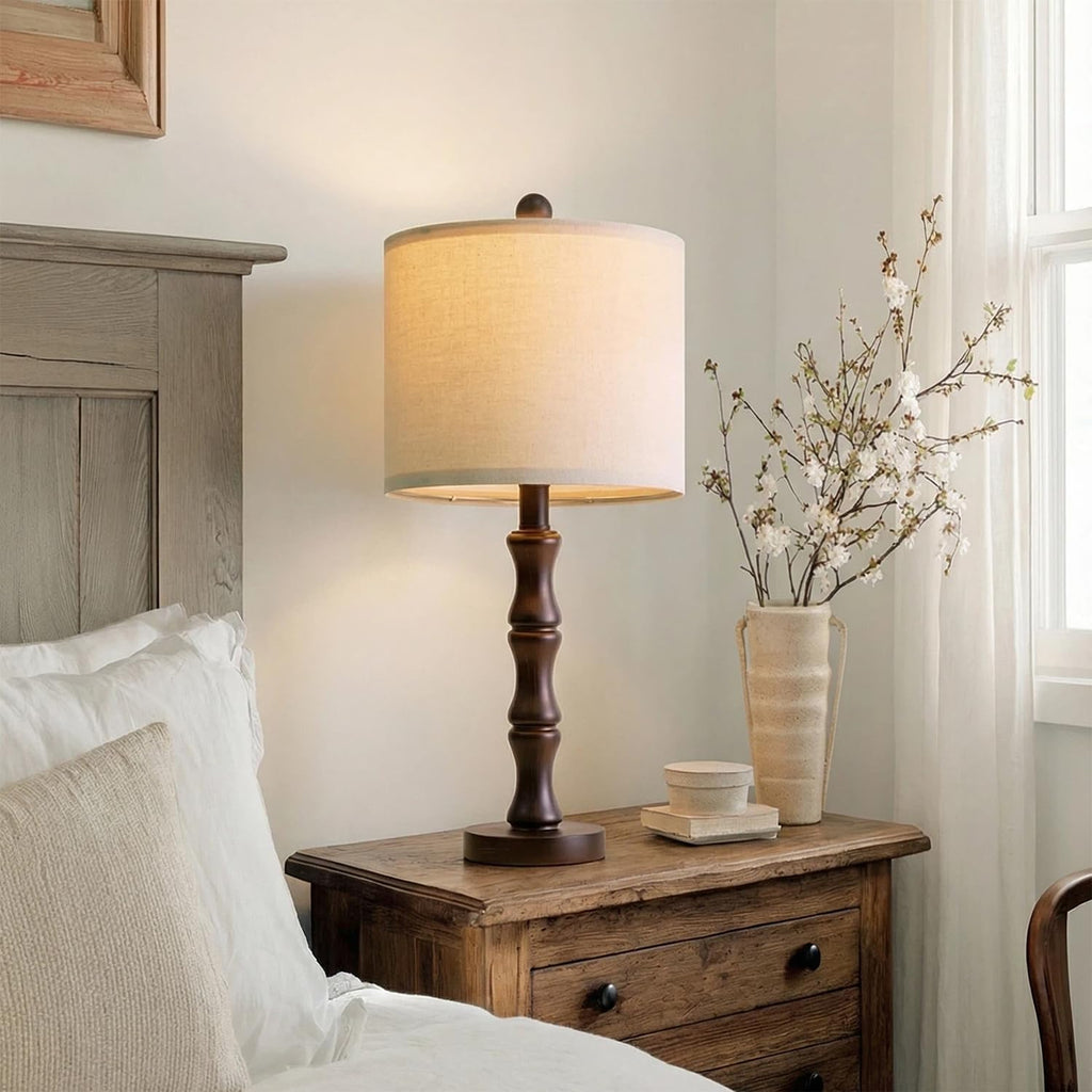 BOBOMOMO 20.5" Classic Table Lamps Set of 2, Farmhouse Nightstand Lamps with Dark Wood Grain Resin Base & Linen Shade, Small Bedside…