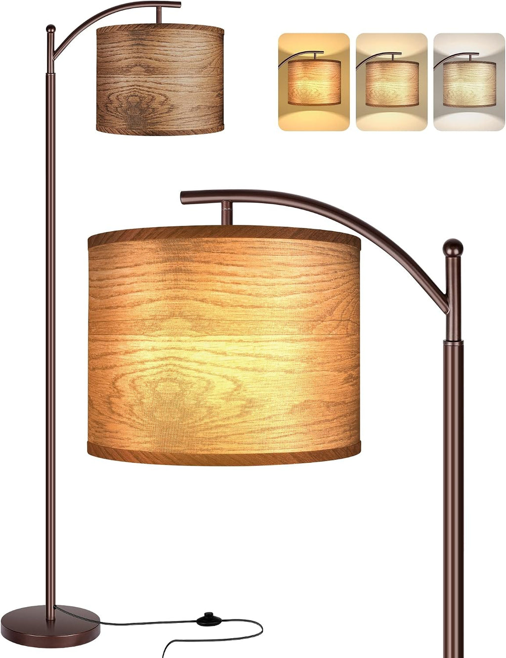 Floor Lamp for Living Room, LED Standing Lamp Tall Industrial Floor Lamp Reading for Bedroom, Office (9W LED Bulb, Wood Grain Lampshade…