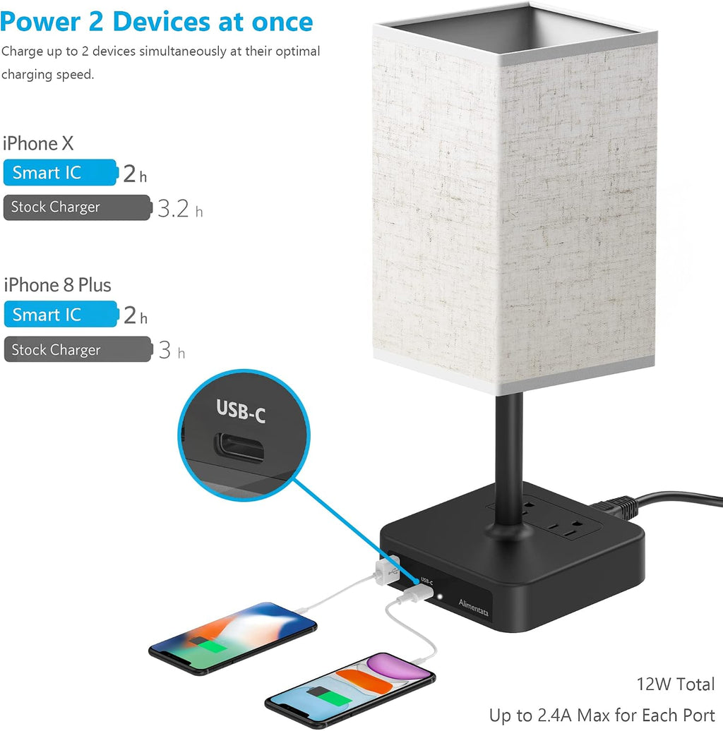 Touch Control Bedside Table Lamp with USB C & USB A Charging Port and 2 AC Outlet, Minimalist LED Desk Light with Charger Base Brown…