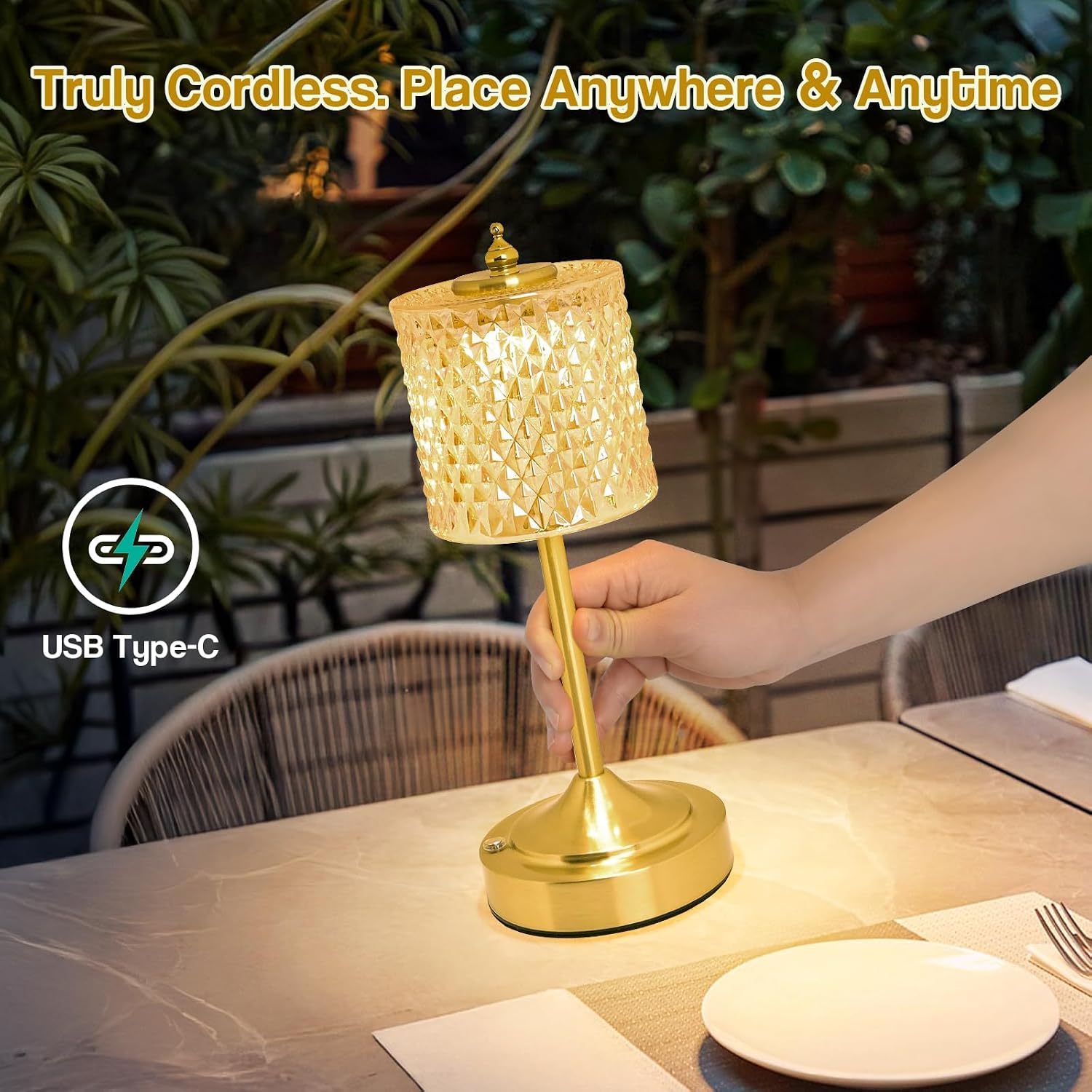 Cordless Crystal Table Lamp, 5200mAh Rechargeable Battery, 3 Color Dimmable Touch Control, Portable Vintage Gold Desk Lamp for Bedroom…