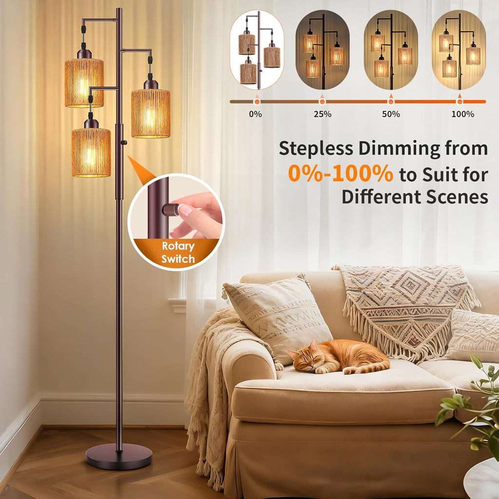 Hotsonic 72" Tall Boho Rattan Style Floor Lamp with Hand-Woven Paper Cord Shade, Dimmable Industrial Tree Standing Lamp for Living Room…