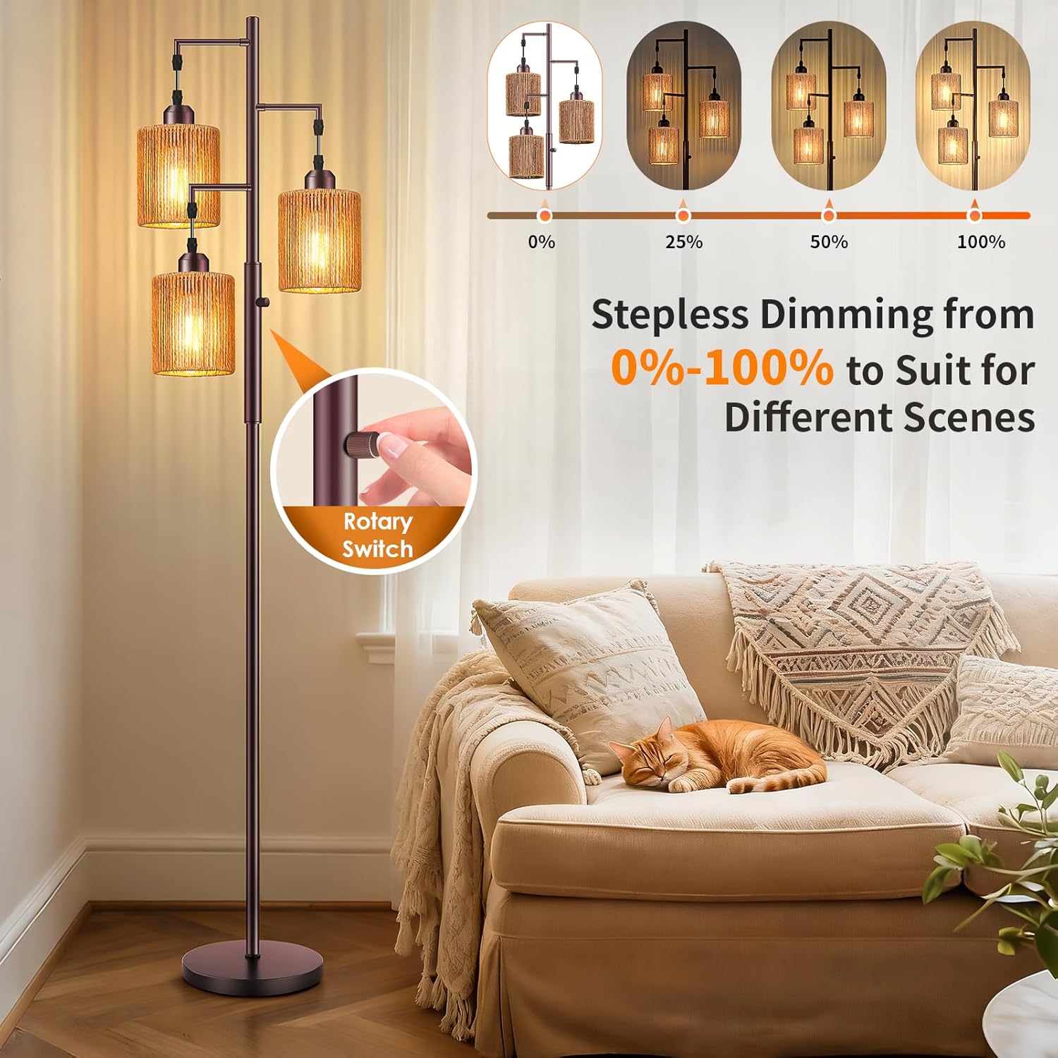 Hotsonic 72" Tall Boho Rattan Style Floor Lamp with Hand-Woven Paper Cord Shade, Dimmable Industrial Tree Standing Lamp for Living Room…