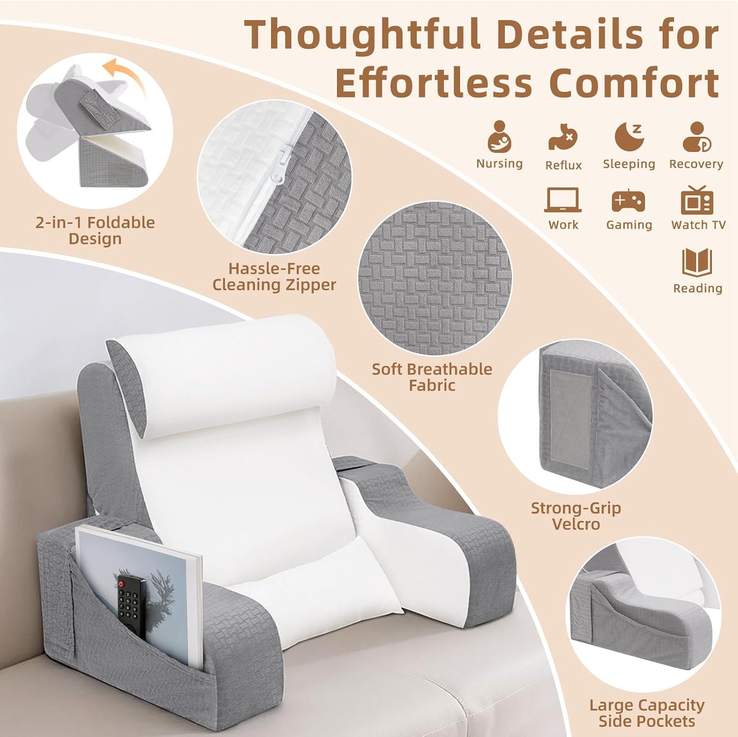 Esuerdo 5PCS Reading Pillow for Sitting in Bed Adult, 2 in 1 Foldable Back Wedge Pillow for Sleep, Ergonomic Back Support Pillow with Arms…