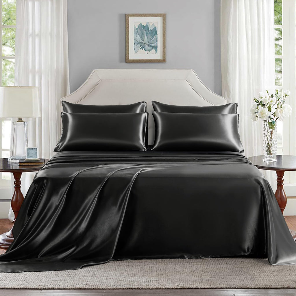 Golal Satin Sheets Full Size - 6 Pieces Luxury Silky Soft Bed Sheets, Wrinkle-Free Black Satin Silk Sheet Set with 1 Deep Pocket Fitted She…