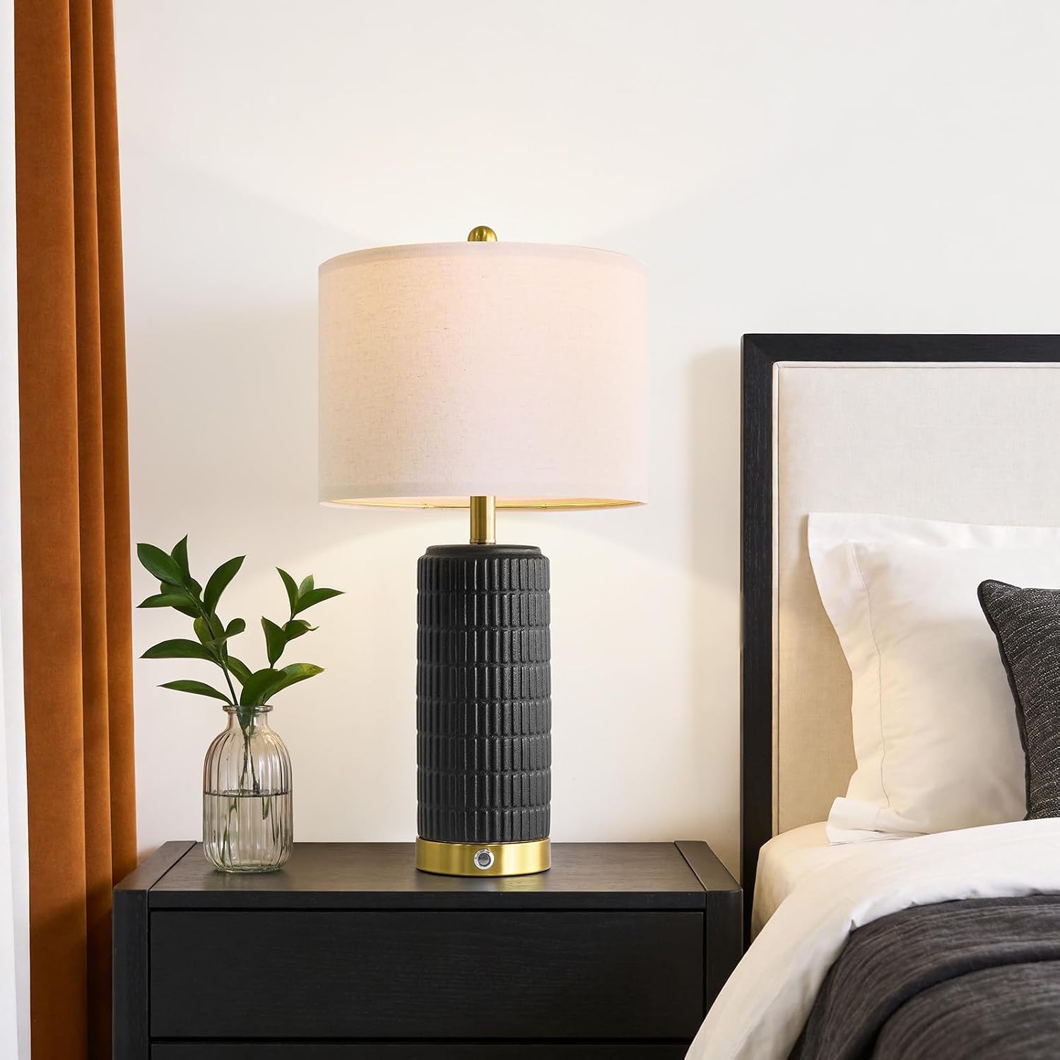 PoKat Ceramic Table Lamps Set of 2 for Living Room, 25'' Modern Touch Bedside Lamps for Bedroom with 2 USB Ports, Farmhouse Black…