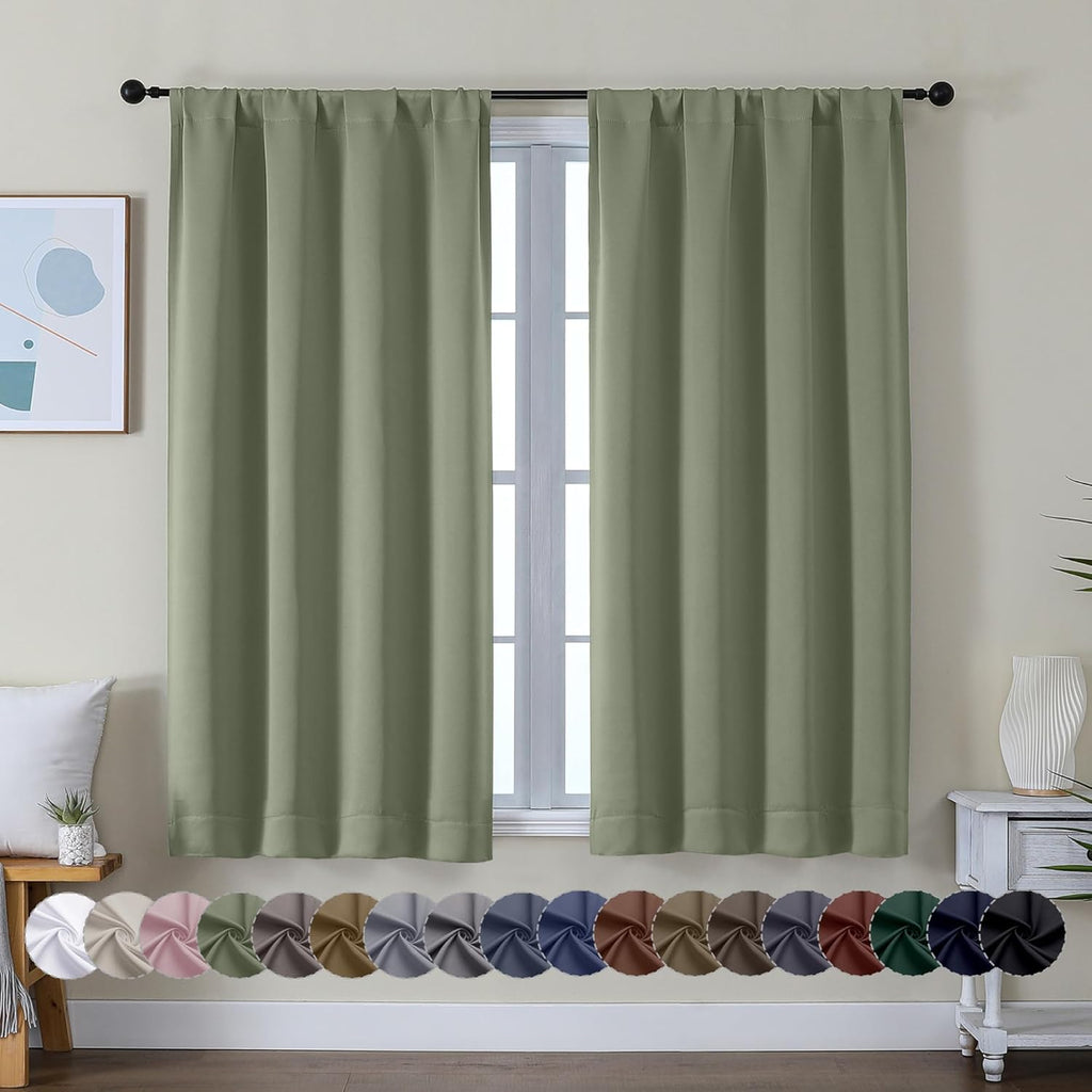 Simplebrand Ava Sage Green Short Blackout Curtains for Bedroom 45 Inches Long 2 Panels Set, Solid Thermal Insulated, Energy Saving Window T…