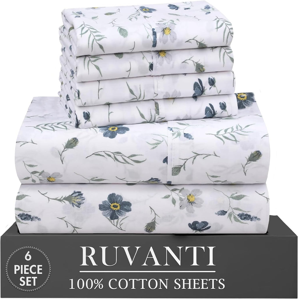 Ruvanti 100% Cotton Percale Sheets Queen Size 6 Piece Set, Cooling Bed Sheets for Hot Sleepers, Deep Pocket 16”, Breathable Lightweight & D…