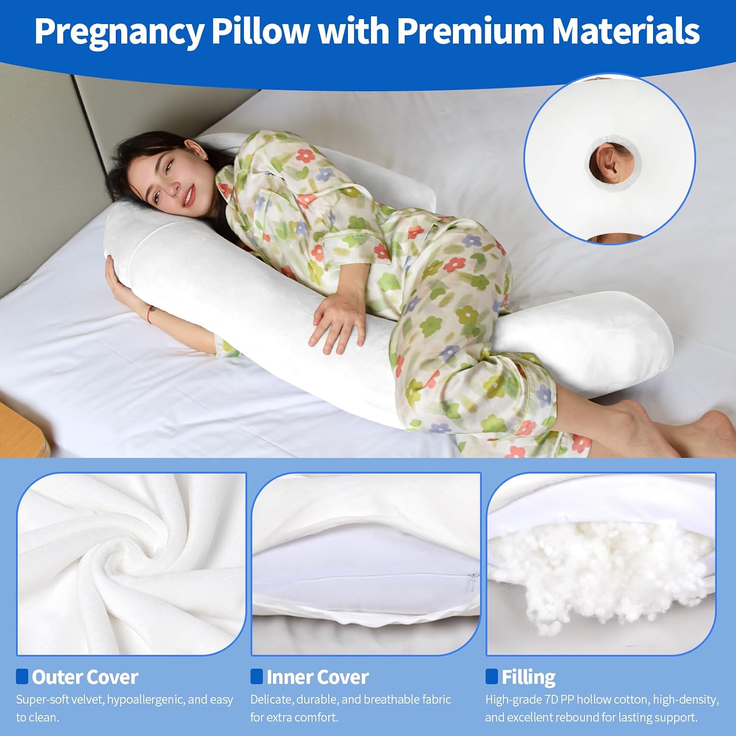 Pozico U-Shaped Full Body Pillow for Side Sleepers – 51-Inch Body Pillow with Ear Piercing Design – Cooling Pregnancy Pillow Orthopedic Sup…