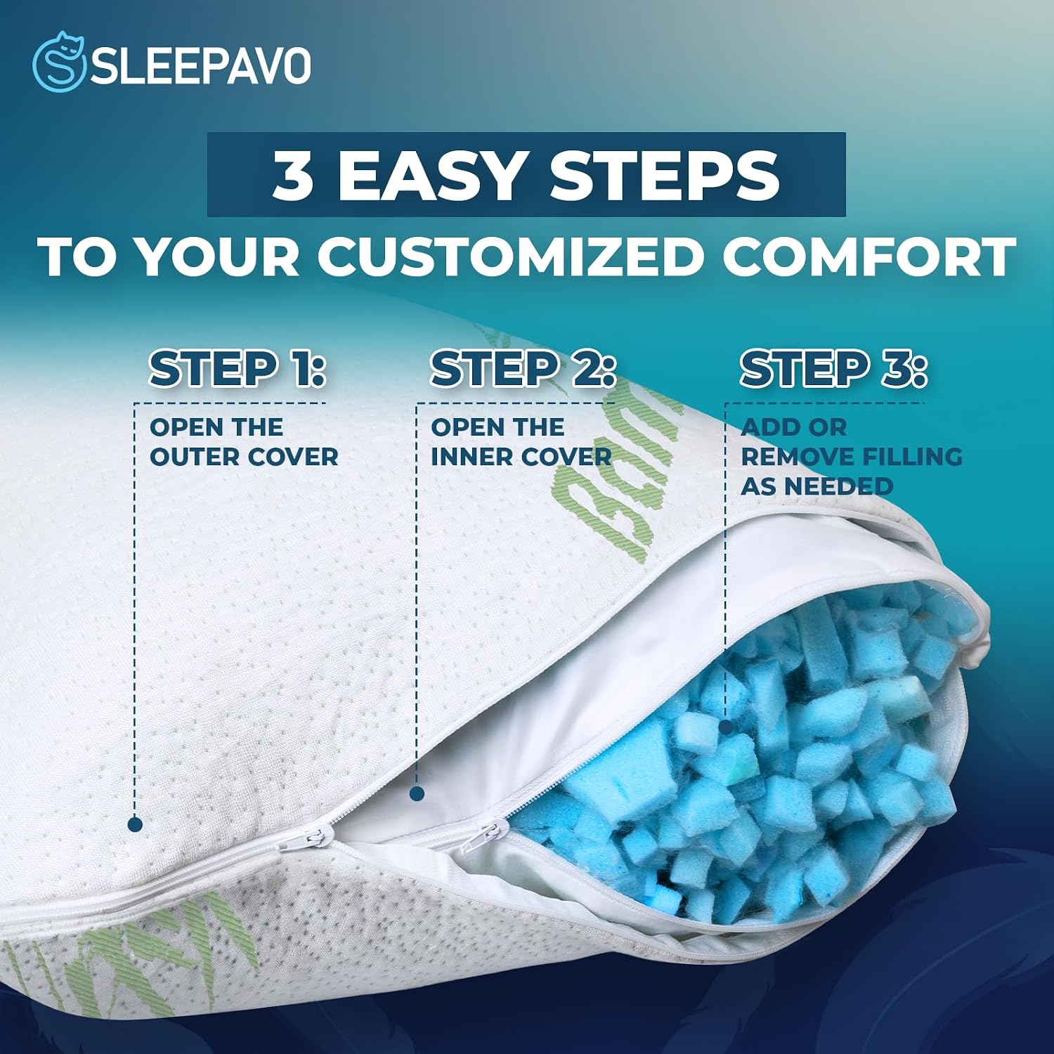 Sleepavo Adjustable Cooling Pillows Queen Size Set of 2 Pack - Extra Soft Shredded Memory Foam Best Pillows for Sleeping - Back, Stomach…