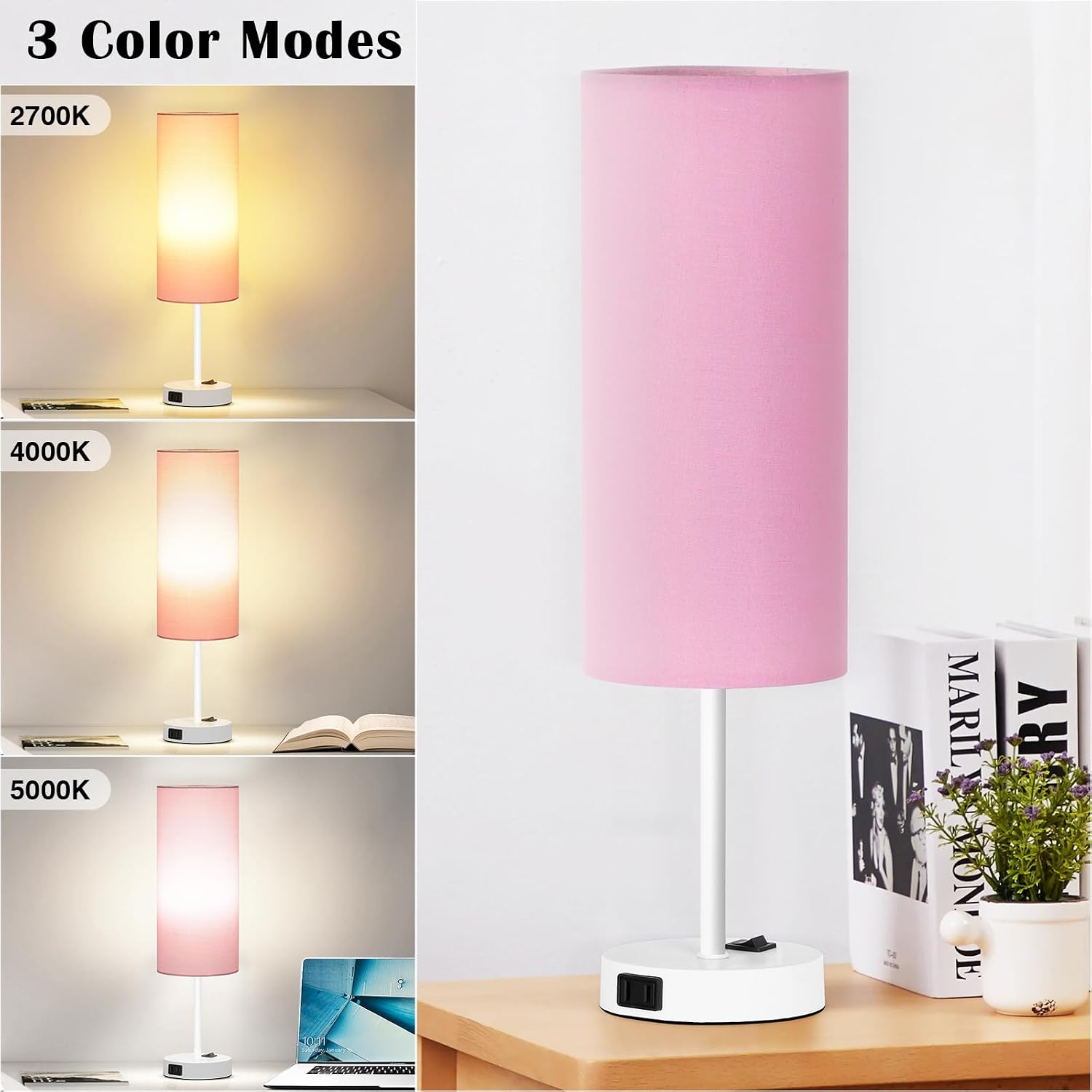 ZJOJO Table Lamp for Bedroom 2 Pack,18in Bedside Lamps with 3 Way Dimmable Rocker Switch & AC Outlet, Nightstand Desk Lamp with Pink…