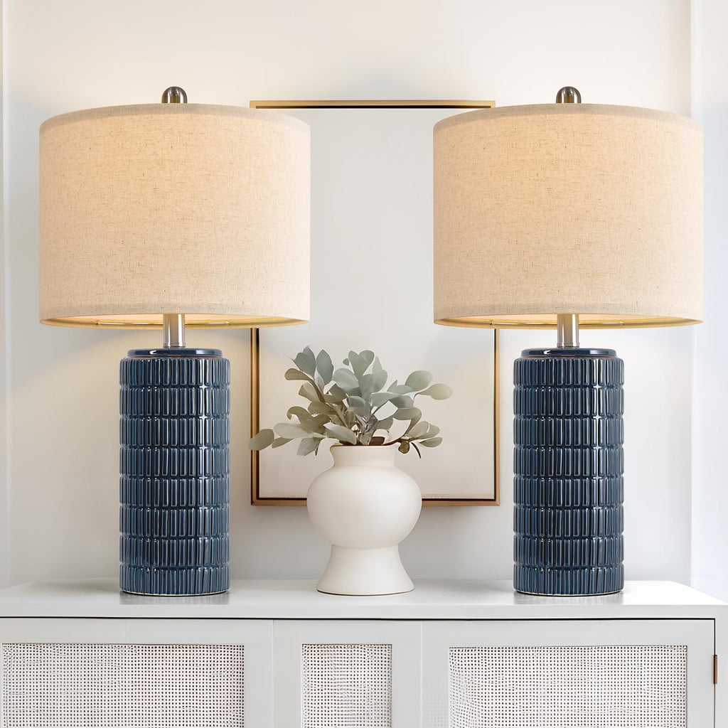 PoKat 23" Blue Table Lamps, Farmhouse Bedside Lamps for Bedroom Set of 2, Ceramic End Table Lamps for Living Room, Traditional Nightstand…
