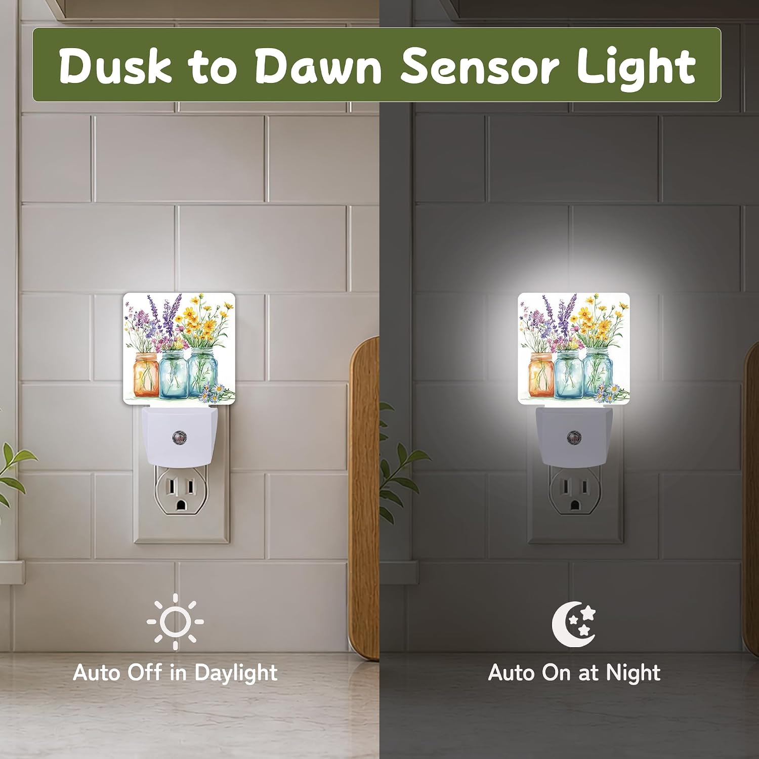 Night Light, Mason Jar Wildflowers Night Lights Plug into Wall for Bedroom Bathroom Hallway Kitchen, Dusk to Dawn Sensor Decorative Gift…