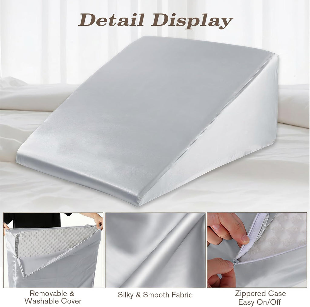 Wedge Pillow Case Cover with Zipper, Thickened Satin Fabric Soft & Skin-Friendly, Machine Washable, Light Grey, 25"x25"x8"