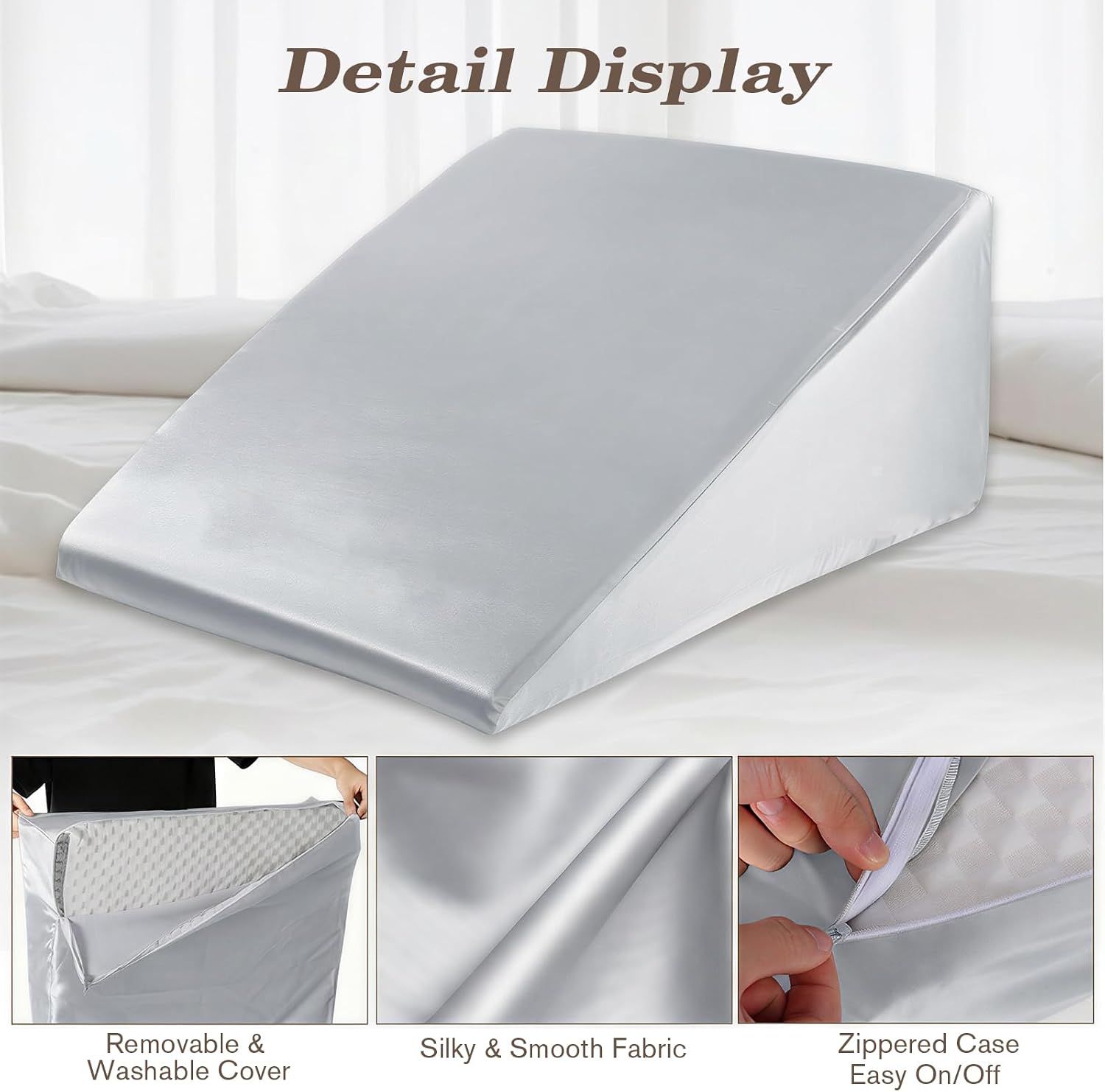 Wedge Pillow Case Cover with Zipper, Thickened Satin Fabric Soft & Skin-Friendly, Machine Washable, Light Grey, 25"x25"x8"