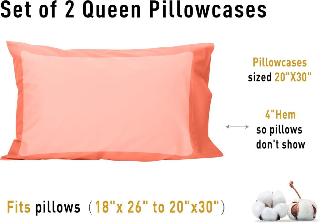 Sunflower Queen Pillowcases Set of 2, 100% Cotton Queen Size Pillow Cases 2, 20×30 inches Coral, Soft and Breathable