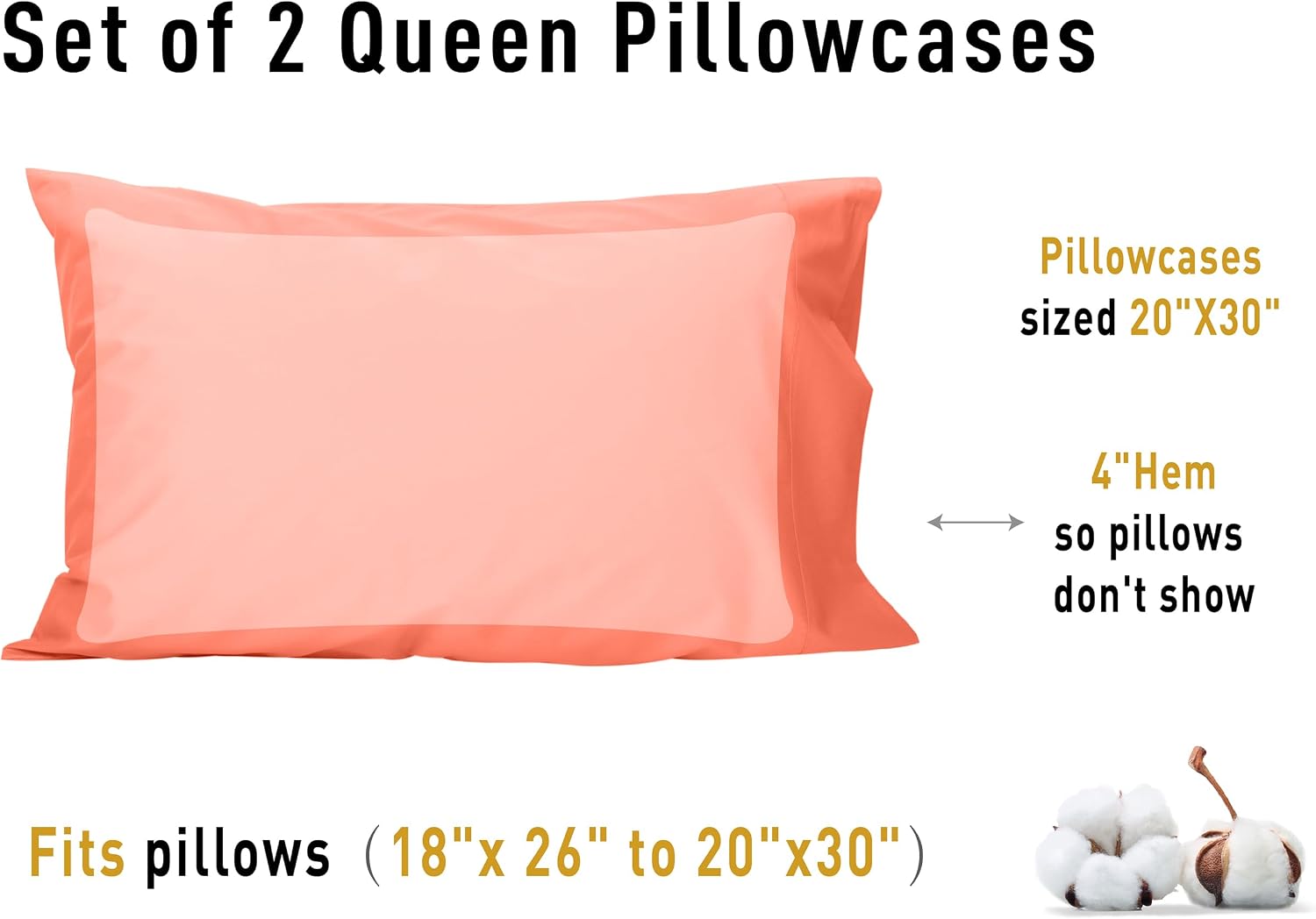 Sunflower Queen Pillowcases Set of 2, 100% Cotton Queen Size Pillow Cases 2, 20×30 inches Coral, Soft and Breathable