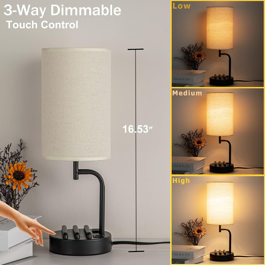 Dreamholder Touch Control USB Table Lamp, Upgraded 3-Way Dimmable Bedside Desk Lamp with USB C & A Charging Ports and AC Outlet…