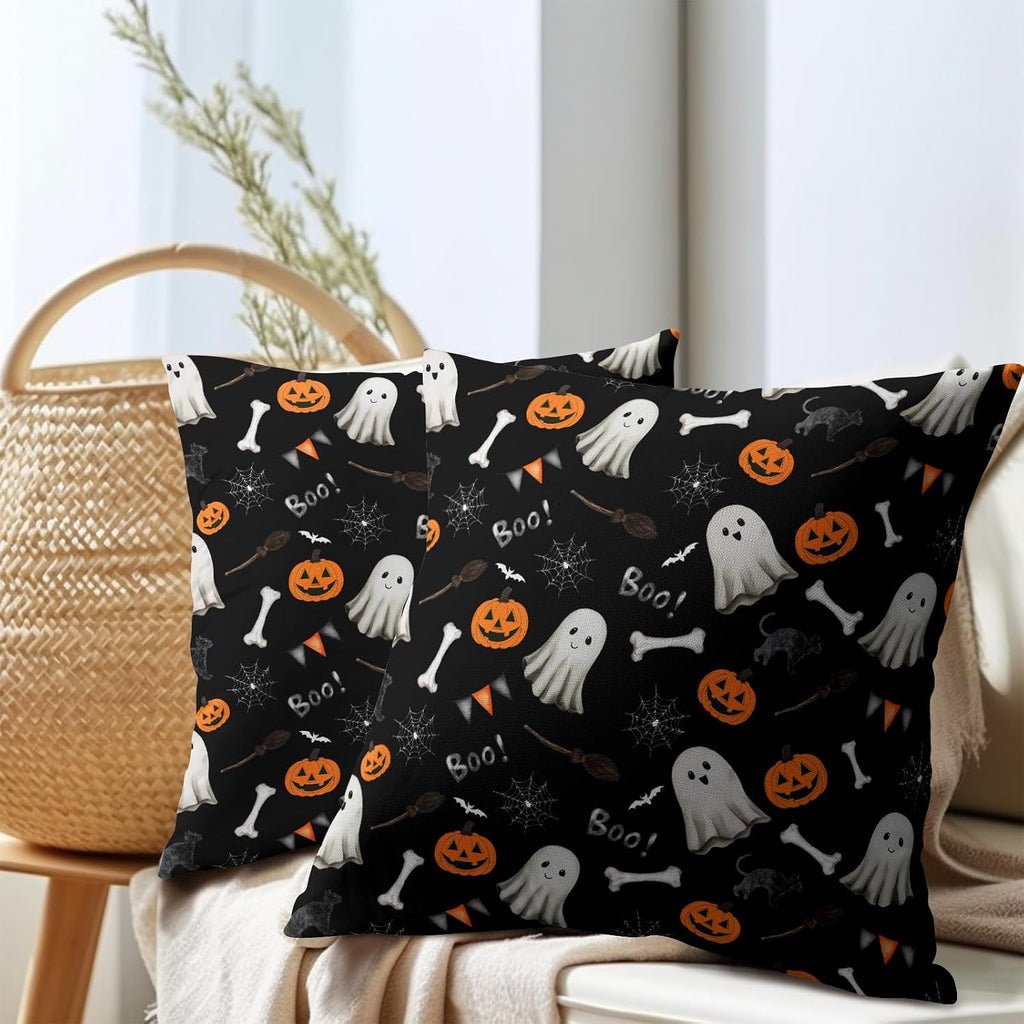 Halloween Throw Pillow Covers 20X20 Inch 2 Packs Boo Cute Ghost Orange Pumpkins Bat Web Decorative Black Pillow Cases Holiday Cotton…