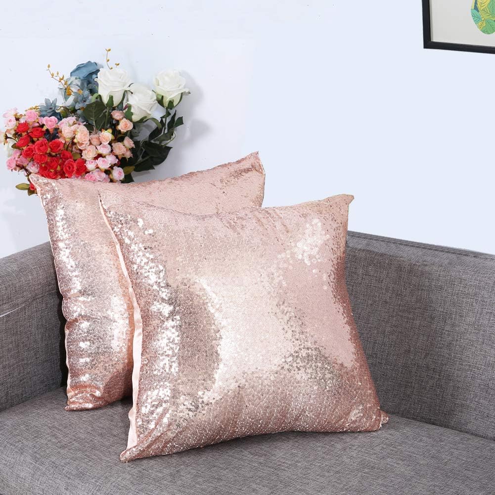 Eternal Beauty Set of 2 Sequin Pillow Cases Decorative Rose Gold Pillow Covers for Couch Sofa Throw Pillows 18 X 18 Inches