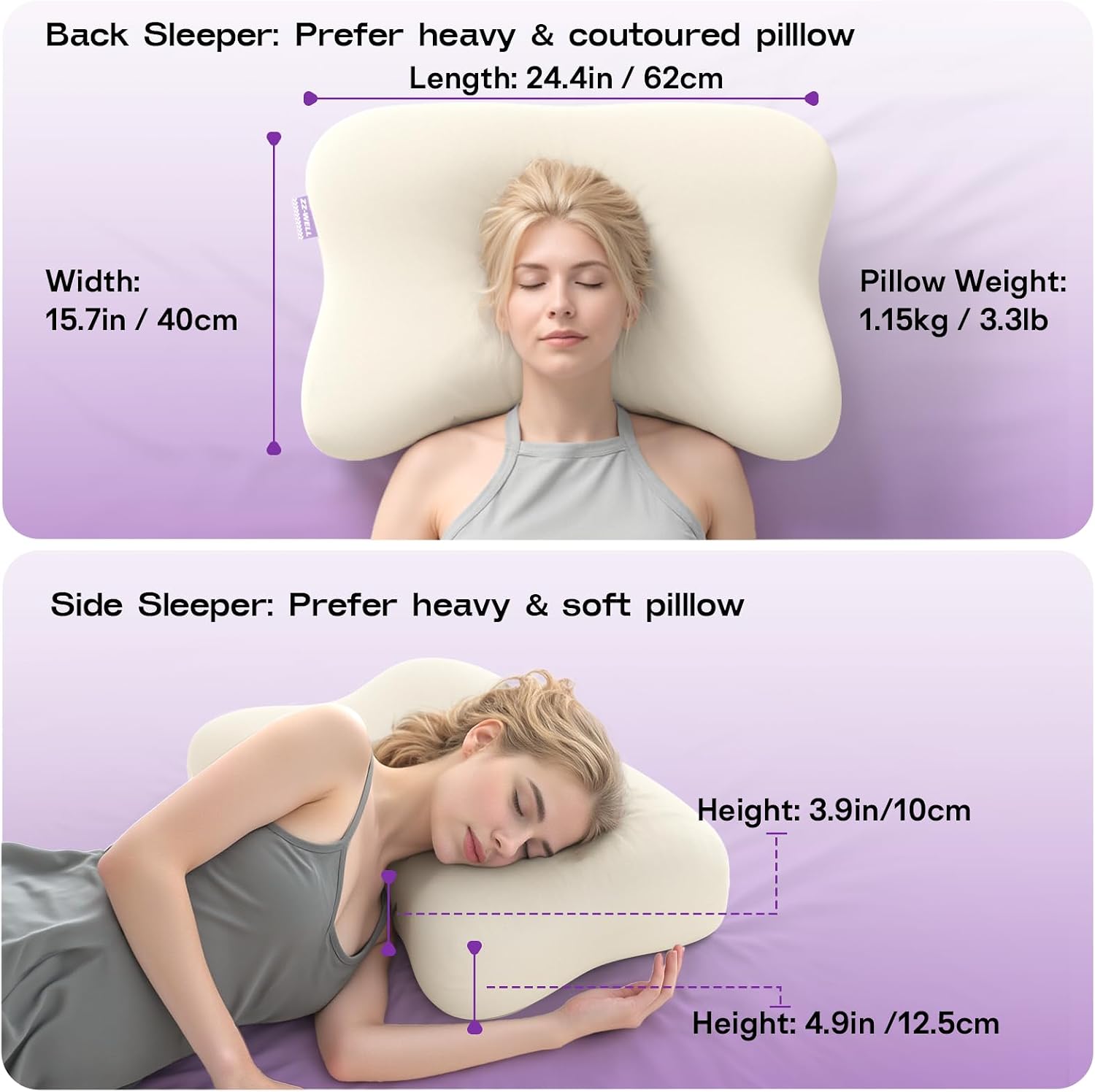 Zz-Well Side Sleeper Pillows - Patented Cervical Neck Pillow for Sleeping with Cooling & Removable Cover- High Loft Heavy Density Memory Fo…