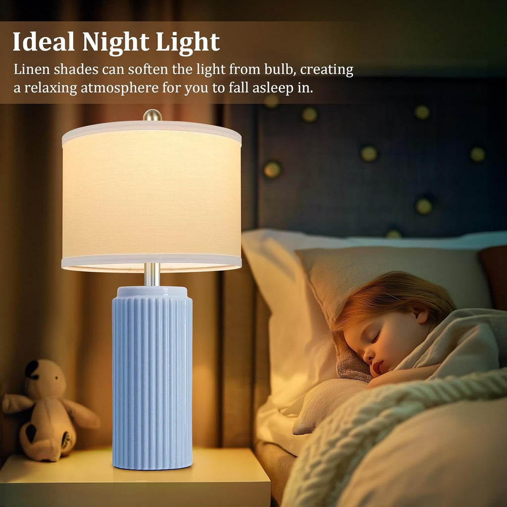 Tobusa 23.5’’ Sky Blue Farmhouse Table Lamps for Living Room Set of 2, Modern Elegant Ceramic Bedside Nightstand Lamps with White Linen Sha…