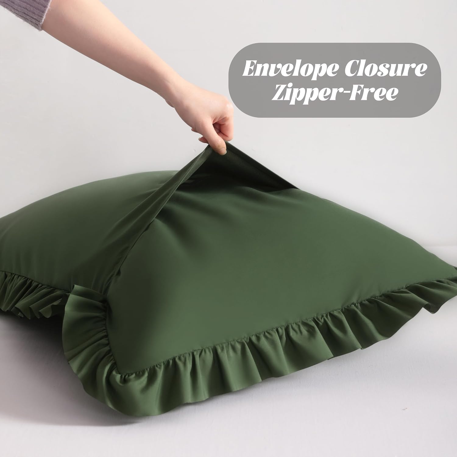 Bedsum Ruffled Pillow Shams Standard 20x26 Set of 2 Brushed Microfiber Pillowcases with Envelope Closure Soft Wrinkle-Resistant Olive Green…