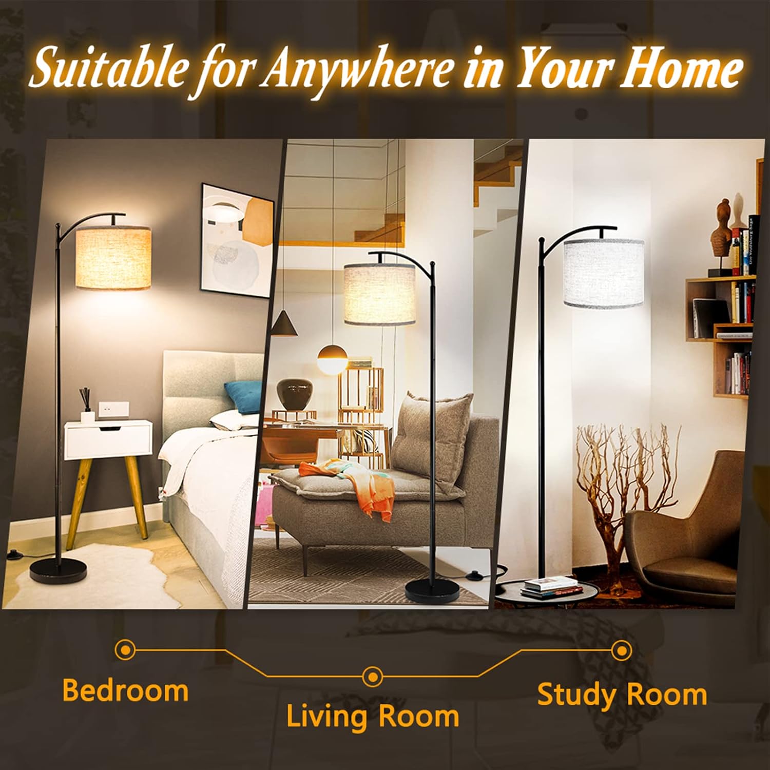 Floor Lamp with 3CCT LED Bulb, Gray Linen Lamp Shade for Living Room, Modern Standing Lamp for Bedrooms - Black
