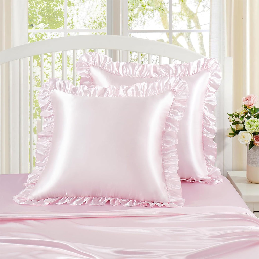 Homiest Ruffle Euro Sham Covers 26x26 Inch Set of 2, Blush Pink Satin Pillow Shams with 3 Inch Wide Decorative Ruffled, European Square…