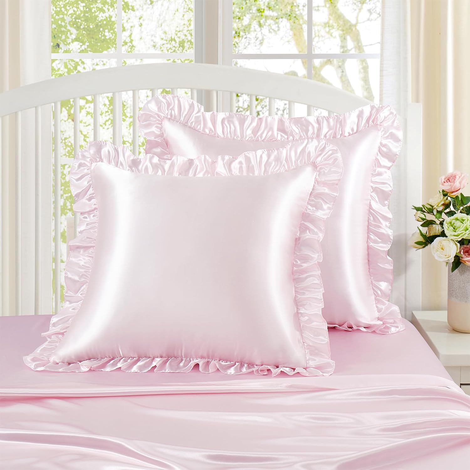 Homiest Ruffle Euro Sham Covers 26x26 Inch Set of 2, Blush Pink Satin Pillow Shams with 3 Inch Wide Decorative Ruffled, European Square…