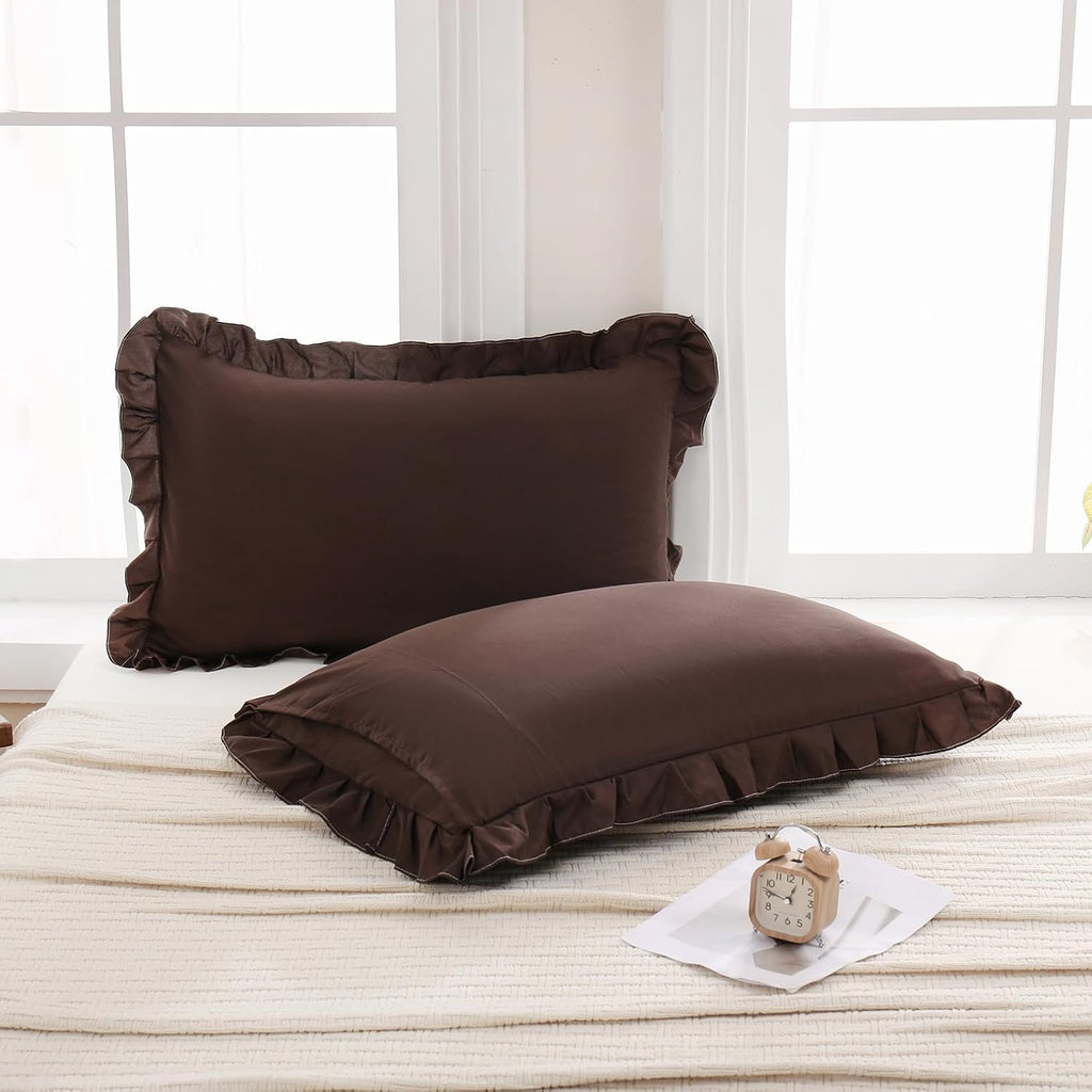 Merryword Dark Brown Pillow Shams Chocolate Queen Pillowcases Cute Pillow Cover Set of 2 Soft Shabby Chic Ruffled Pillowcases 2 Pack (Queen…