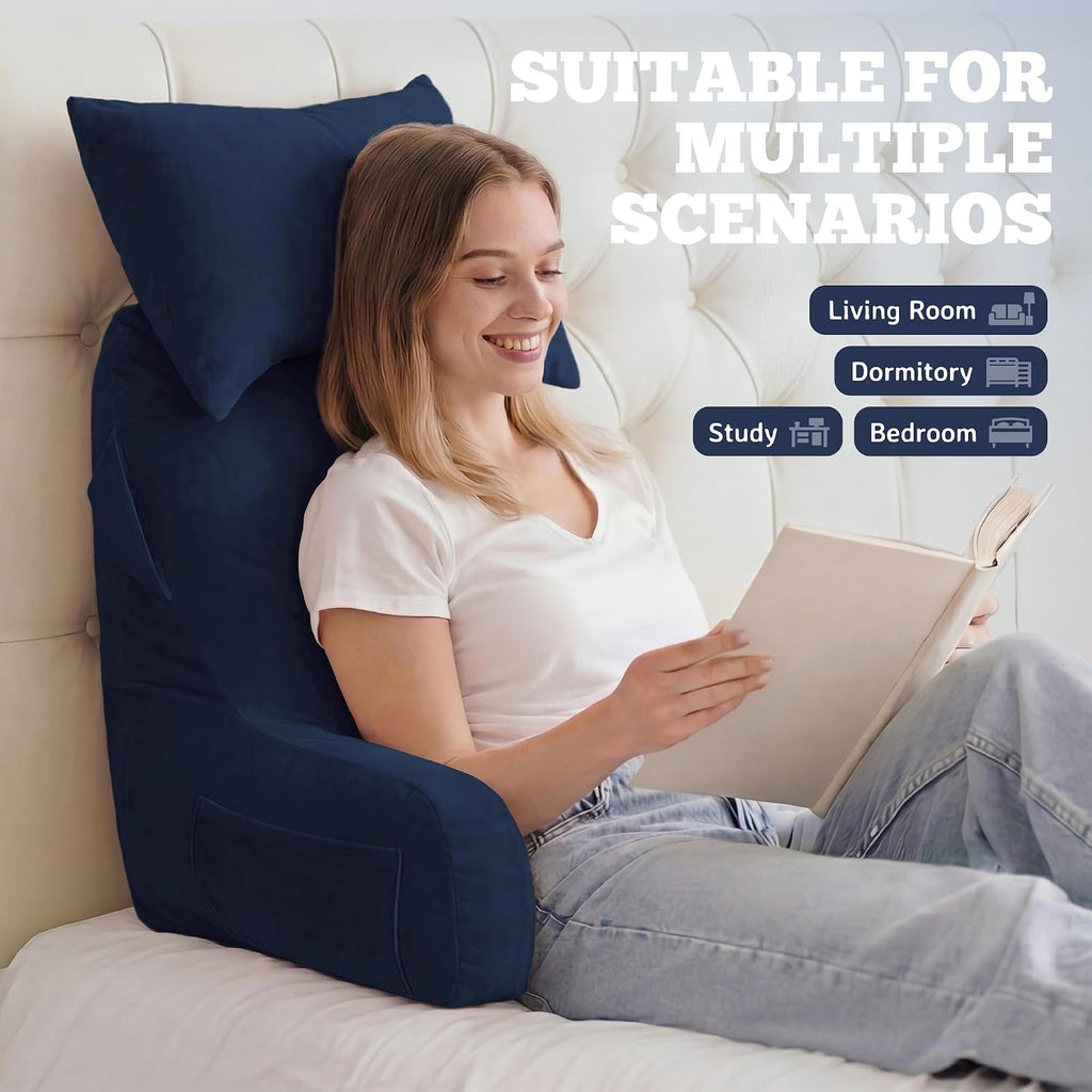 Unisakey Portable Reading Pillows with Headrest for Bed Sitting Up(Royal Blue Oeko-Tex), Velvet Back Pillow with Arms & Pockets for…