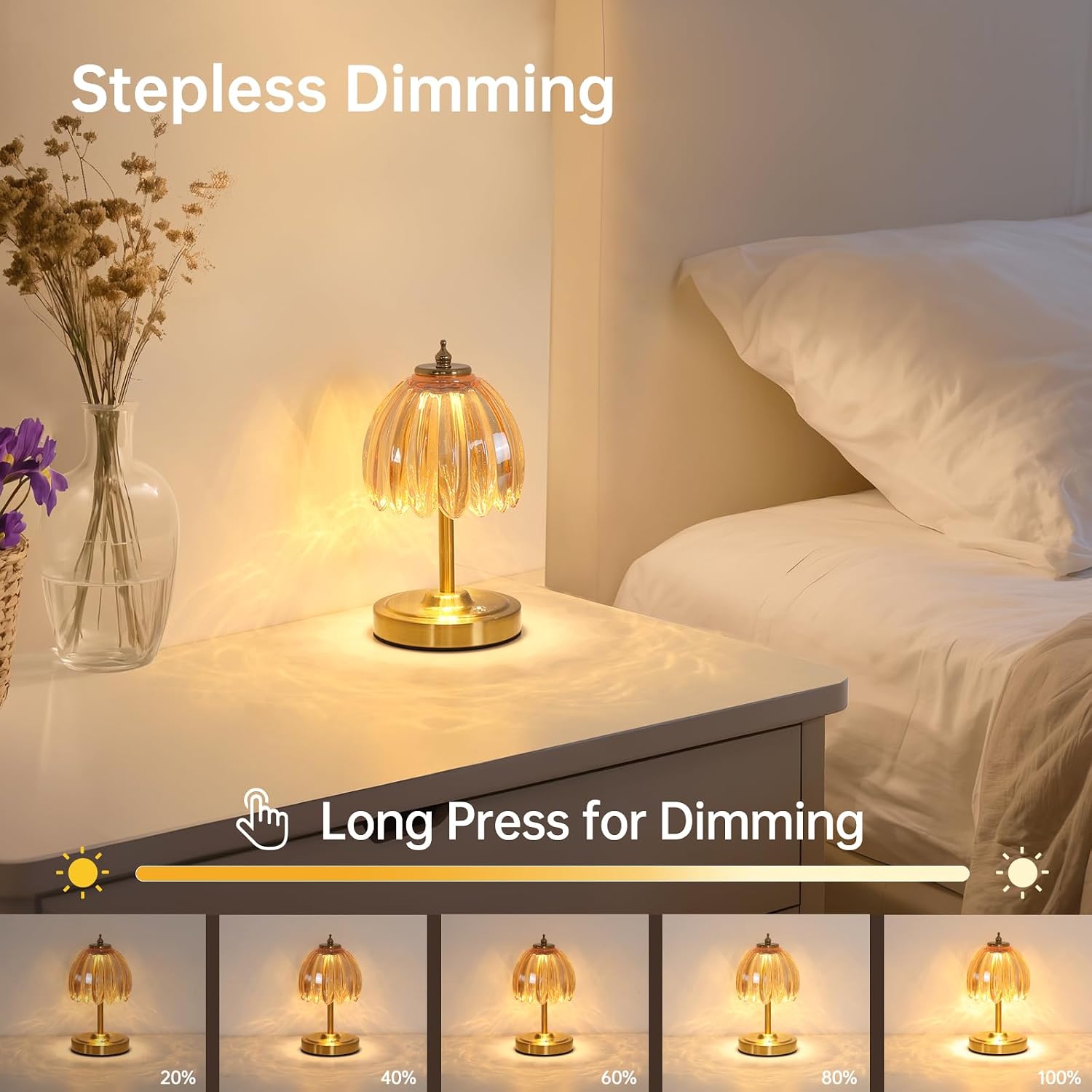 Shenmoyl Tulip Small Table Lamp, 5200mAh Cordless Touch Control Mini Table Lamp with 3 Color Temps & Stepless Dimming, Perfect for Small Sp…