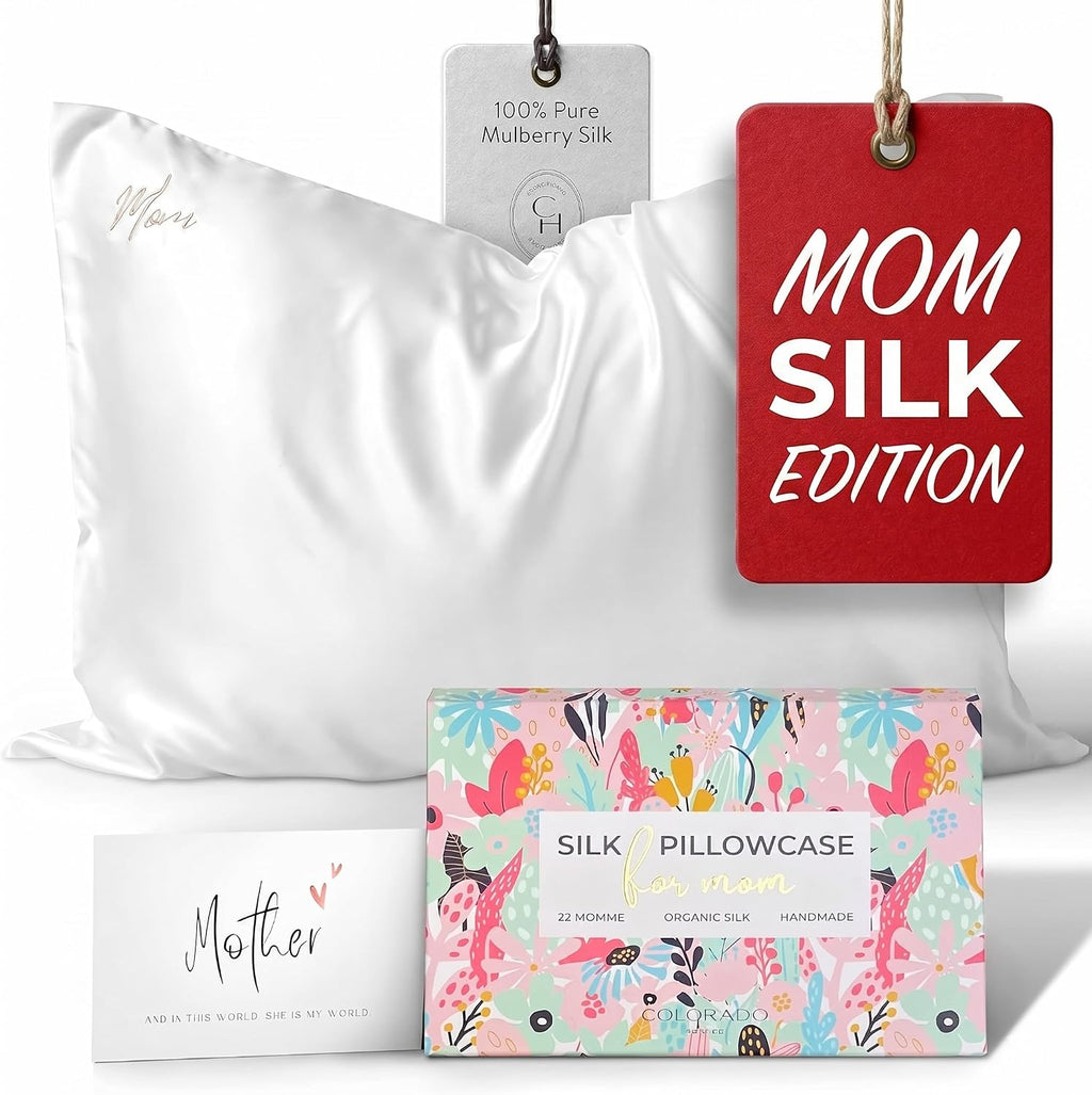 Mom Silk Pillowcase with Mom Embroidery for Mother's Day, for Mom, Wife, Daughter or Sister, Mother's Day Insert Card with Gift Box