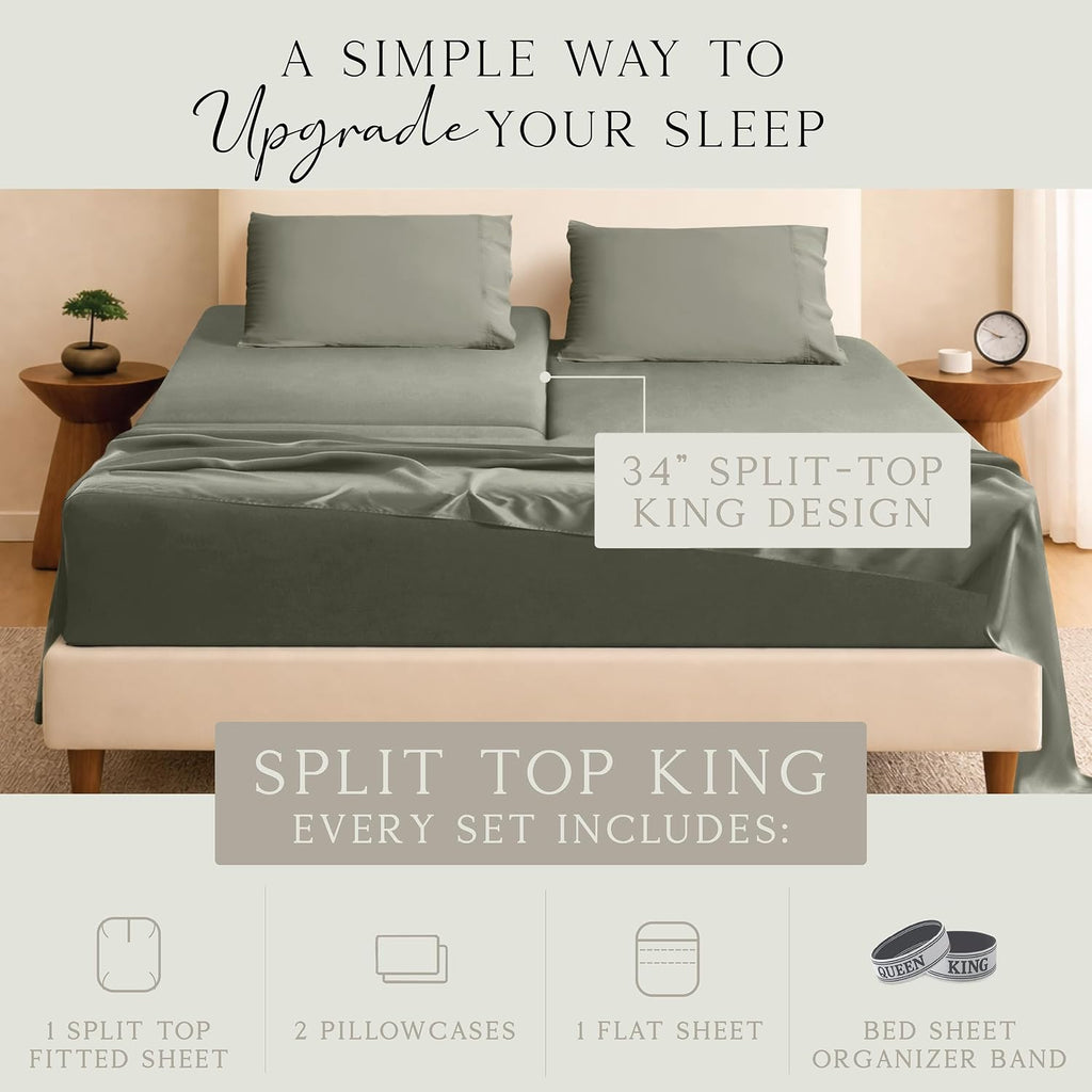 KARISSA MAE Pure Viscose from Bamboo 34" Split Top King Size Sheet Set | 100% FSC Certified | Luxuriously Soft | Cooling | 18" Deep…