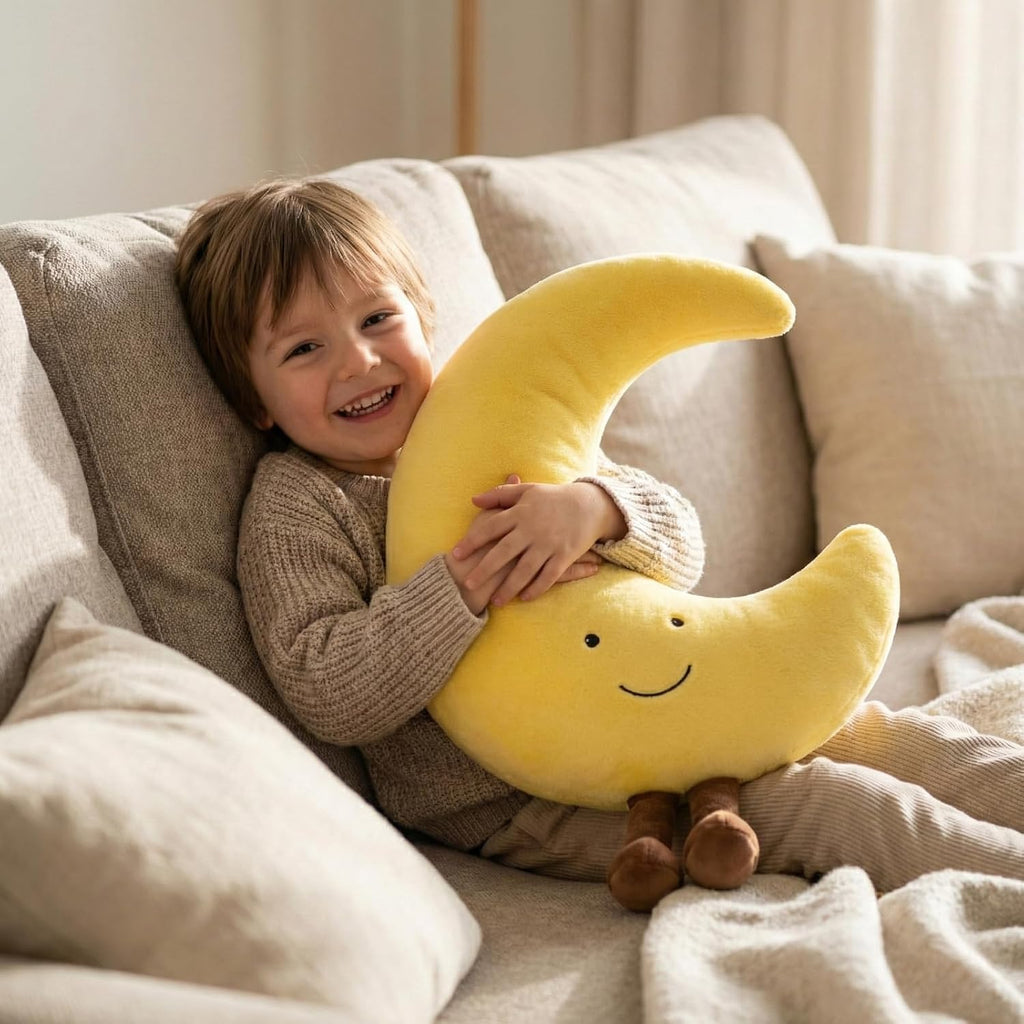 WEIGEDU Crescent Moon Stuffed Animal Plush Toy Cute Yellow Body Pillow with Legs Soft Celestial Theme Gift for Kids Baby Nursery Decor 22…