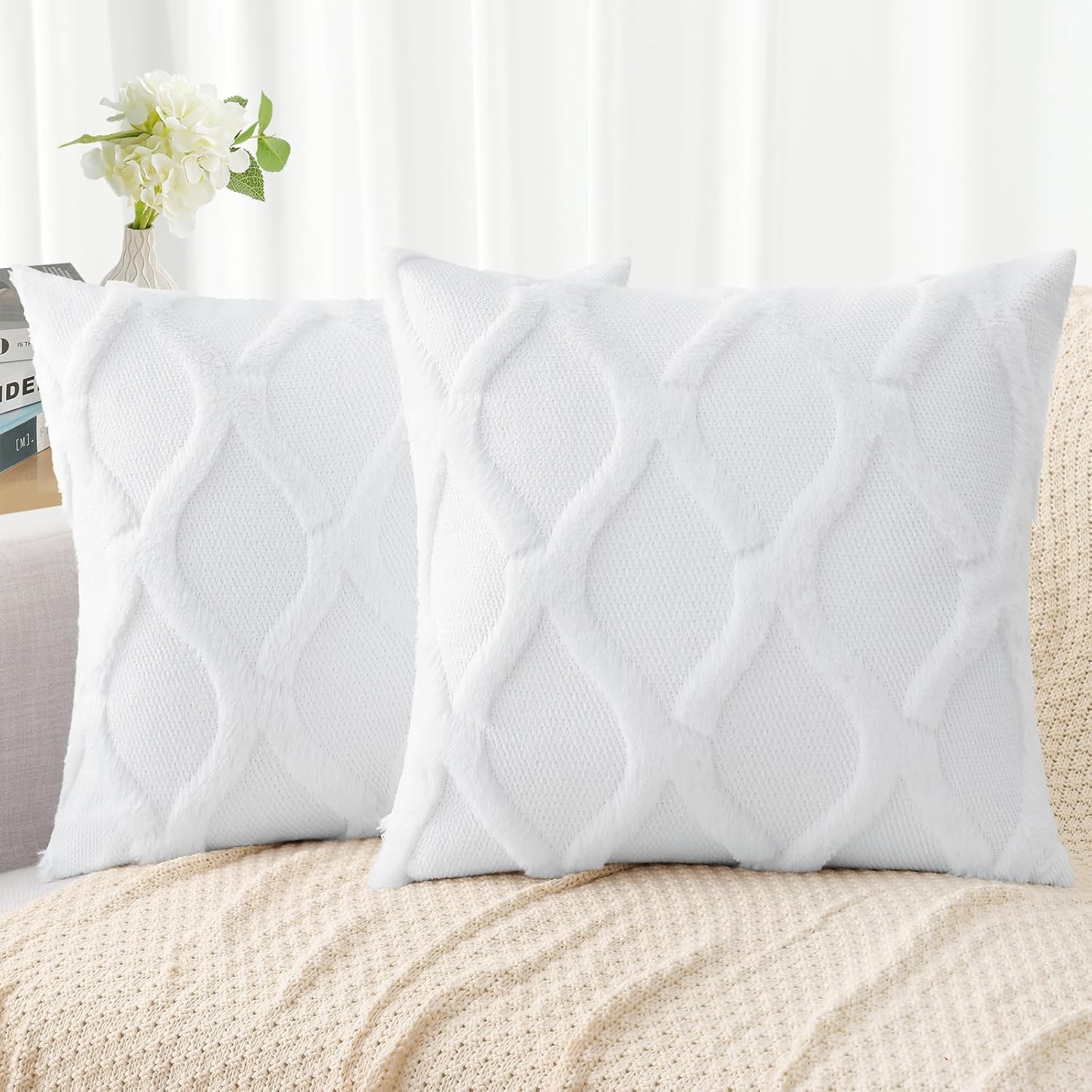 decorUhome Summer Throw Pillow Covers 16x16 Inch Set of 2, Soft Plush Faux Fur Wool Pure White Accent Couch Pillow Covers for Modern Farmho…