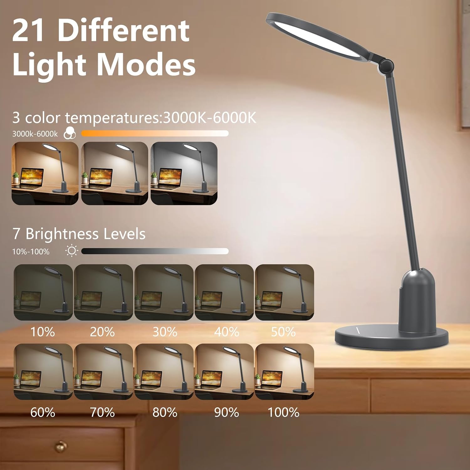 Desk Lamps for Home Office with Stable Base, 1000LM Ultra Bright Eye-Caring LED Desk Light, 3000K-6000K Dimmable Table Lamp with Stepless…