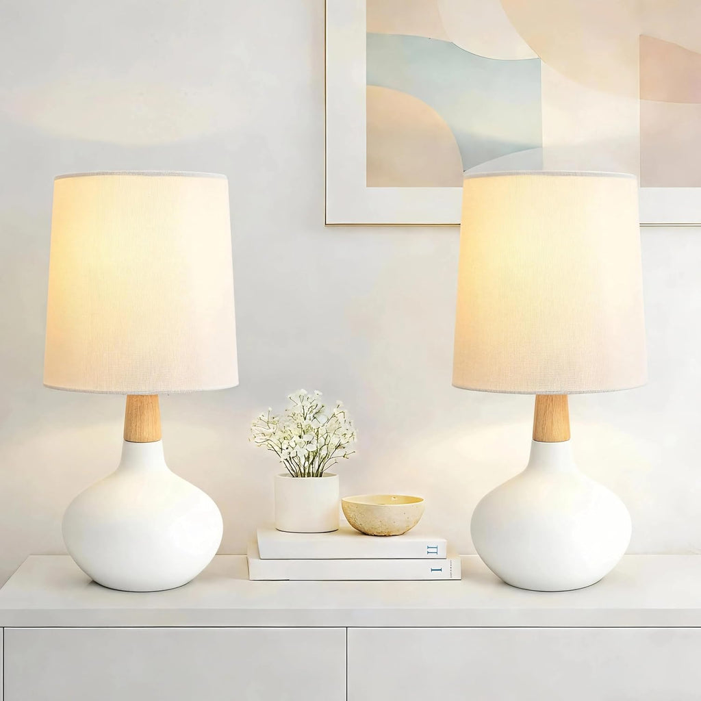 Hightry 14" Small Ceramic Table Lamp Set of 2, Bedside Lamp for Living Room with Natural Wood Stem & Linen Shade for Home Decor, Modern Far…