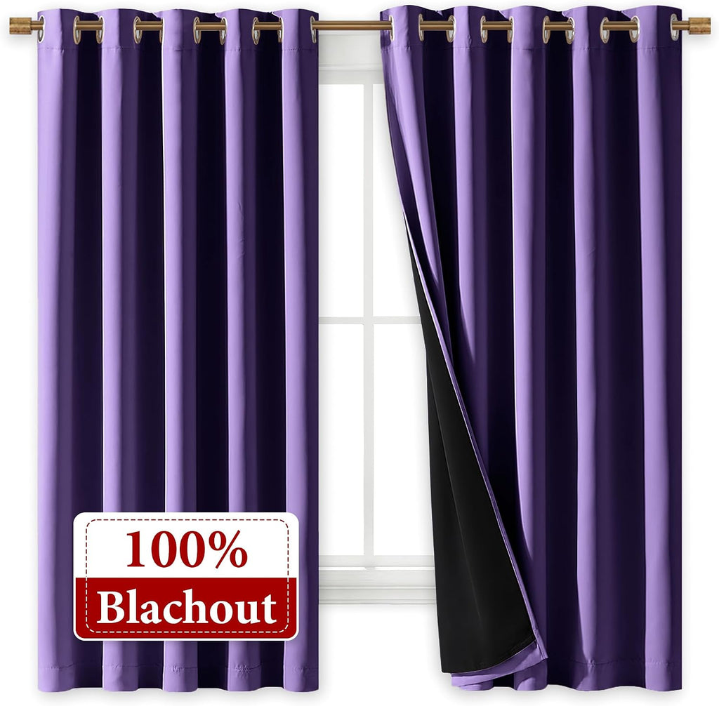 Nicetown 100% Blackout Curtains with Black Liners, Thermal Insulated Full Blackout 2-Layer Lined Drapes, Energy Efficiency Window Draperies…
