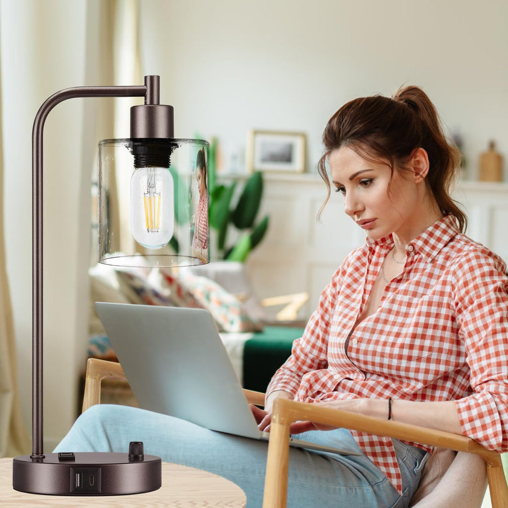 Lynnoland Set of 2 Oil Rubbed Bronze Table Lamps with USB C+A Ports and Outlet, Fully Stepless Dimmable Bedside Lamps, Industrial Desk…