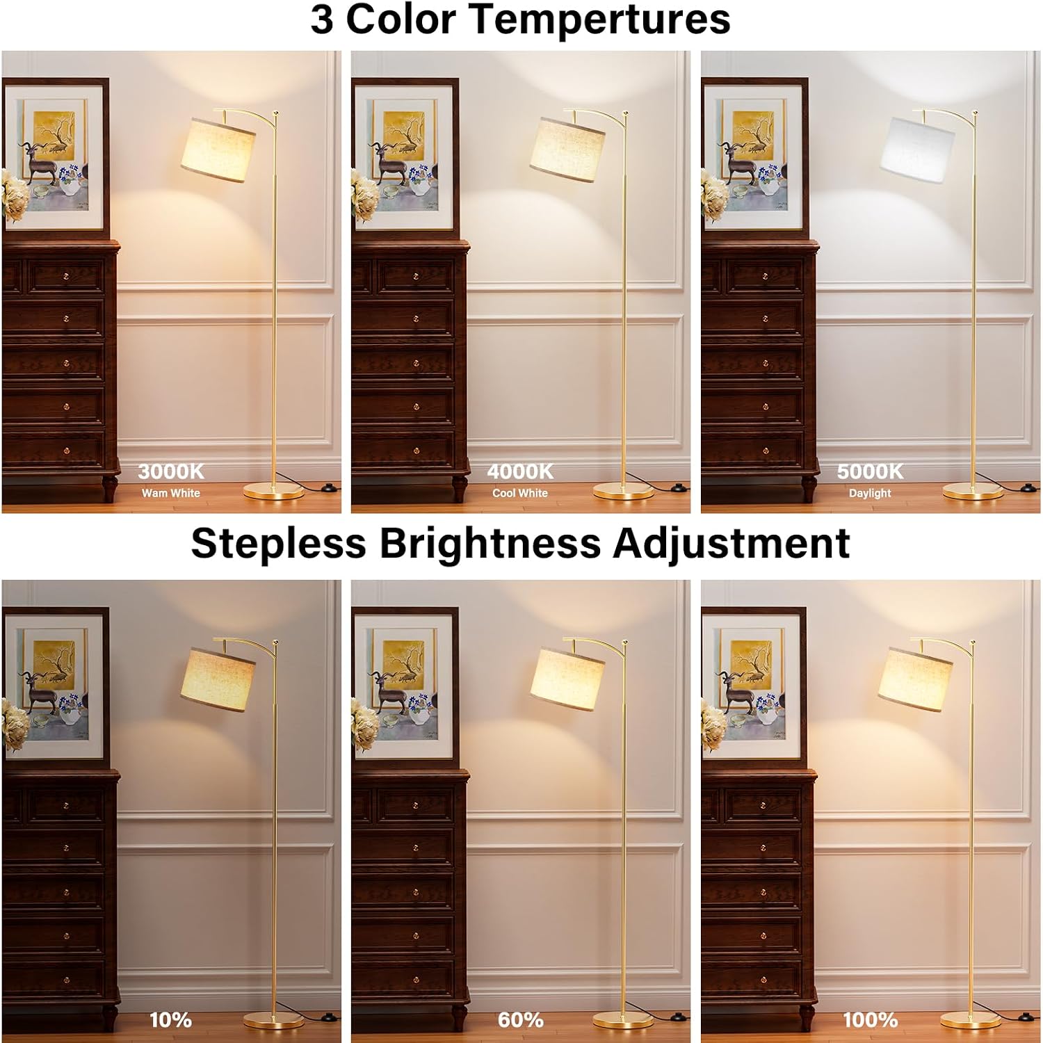 Ambimall 60" Gold Floor Lamp with Remote Control and Stepless Dimmable Bulb, Colors Temperature & Brightness Adjustable, Modern Floor…