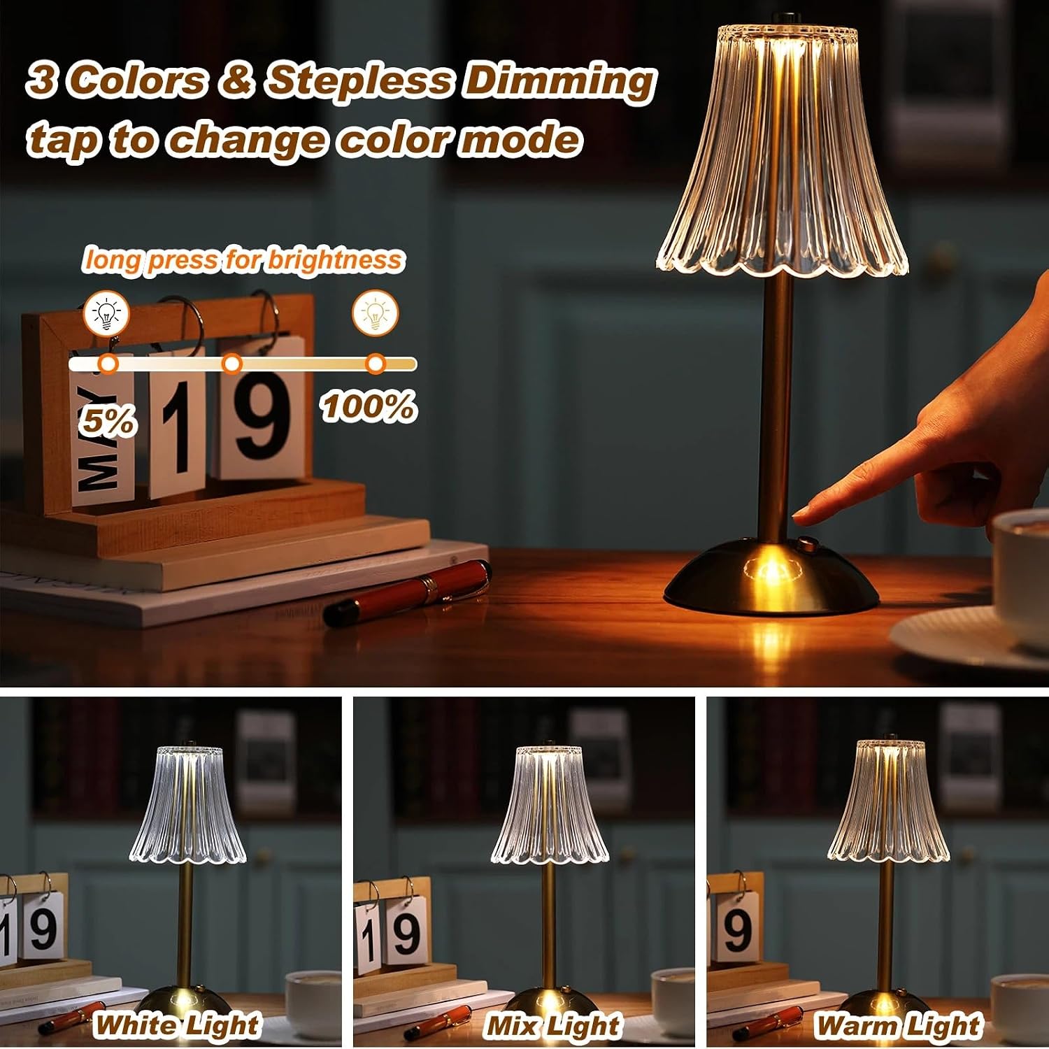 Liliful 30 Pcs Cordless Table Lamp Rechargeable Touch LED Small Gold Portable Battery Operated USB-c Desk Lamp 3 Color Dimmable for…