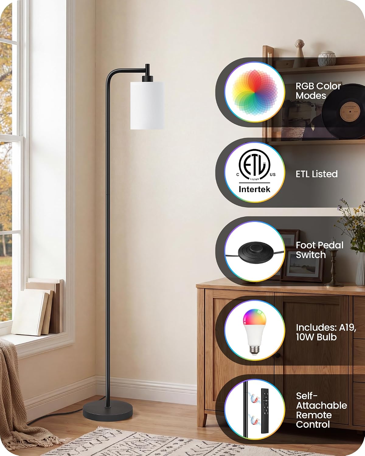 RGB Floor Lamp for Living Room with Remote and Foot Switch, Modern Standing, Dimmable Corner Lamp,10W Bulb 3 Color Temperatures, for…