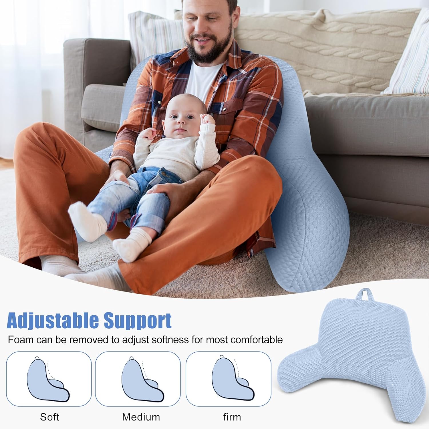 Reading Pillow, Ice Silk Bean Back Support Pillow for Bed Sitting Up, Large Bed Rest Pillow with Arms for Adults, Back Support Pillow for…