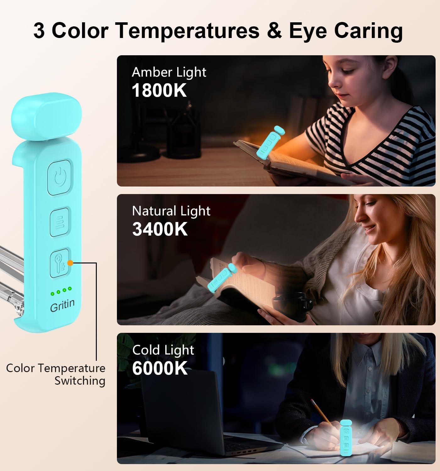 Gritin Reading Light, Rechargeable Book Light for Reading in Bed - Eye Caring 3 Color Temperatures, 5-Level Dimmable Brightness, Long…